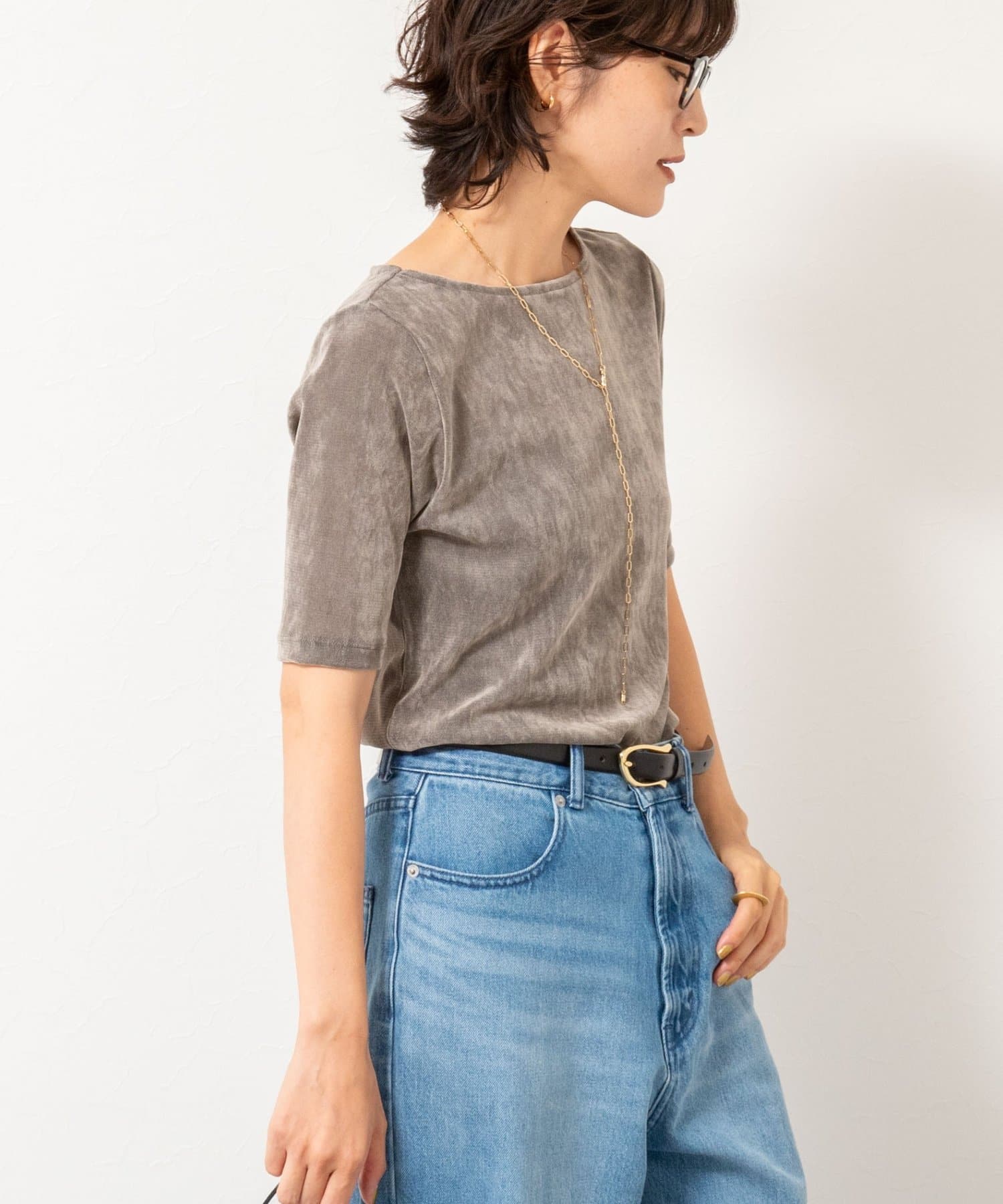 ◇25AW◇NOLLEY'S◆Point・ベロアのような表面感が特徴の秋らしい半袖カットソー・縦横に伸縮するチュール素材で、快適な着心地・フロッキーの起毛感がありながらチュールの通気性により