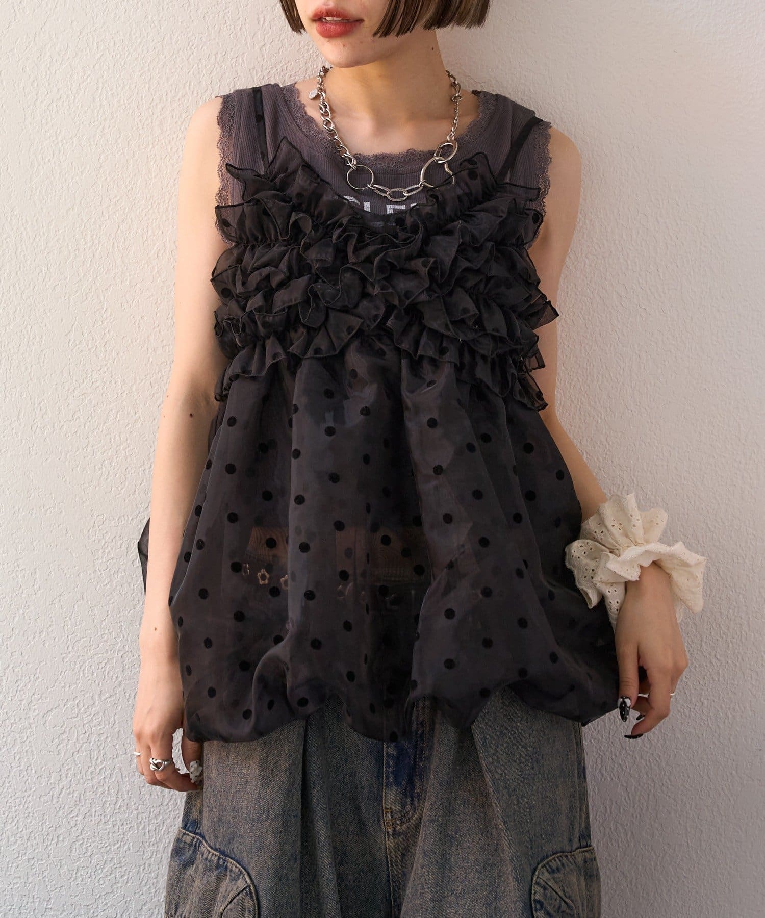 w closet(ダブルクローゼット) 【25AW】【4色展開/ドット・無地】シアーバルーンキャミ
