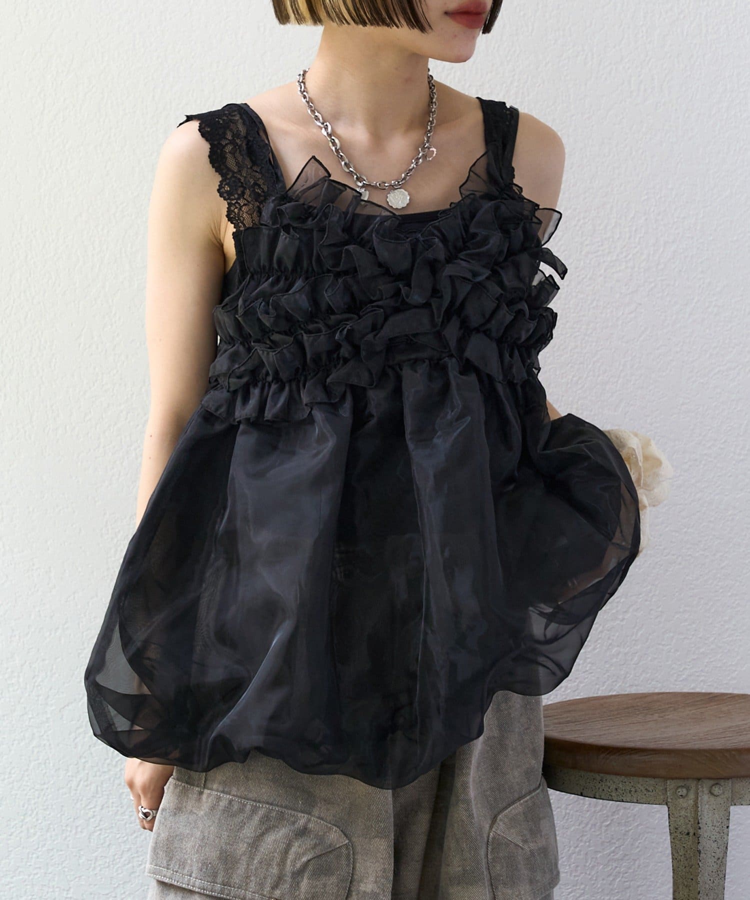 w closet(ダブルクローゼット) 【25AW】【4色展開/ドット・無地】シアーバルーンキャミ