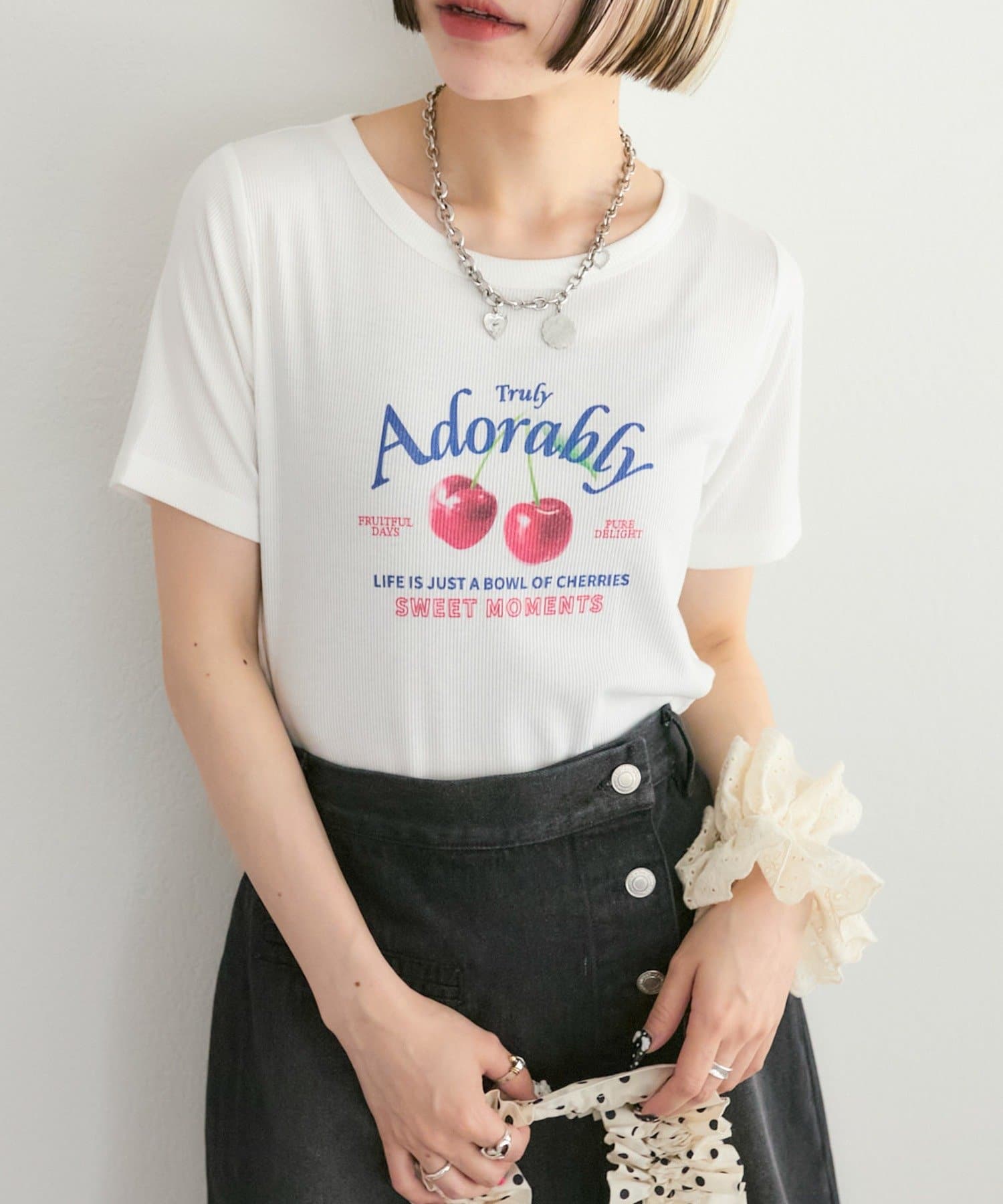 w closet(ダブルクローゼット) 【25AW】【3色展開】チェリーリブ半袖Tシャツ