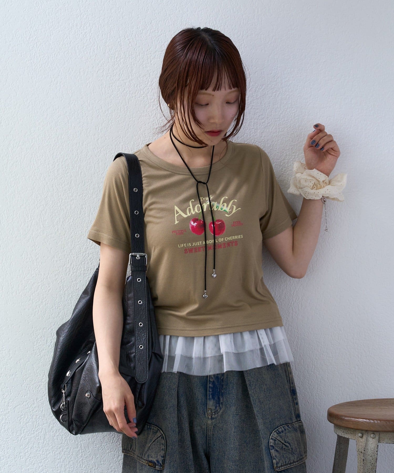 w closet(ダブルクローゼット) 【25AW】【3色展開】チェリーリブ半袖Tシャツ