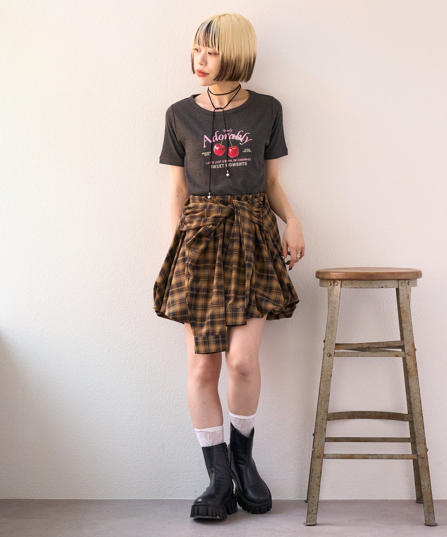 w closet(ダブルクローゼット) 【25AW】【3色展開】チェリーリブ半袖Tシャツ