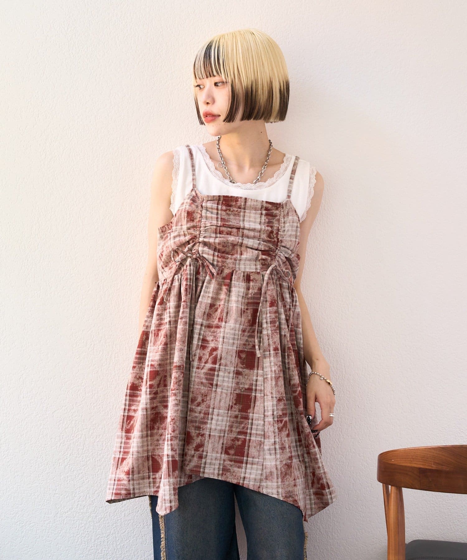 w closet(ダブルクローゼット) 【25AW】クラッシュチェックキャミワンピ