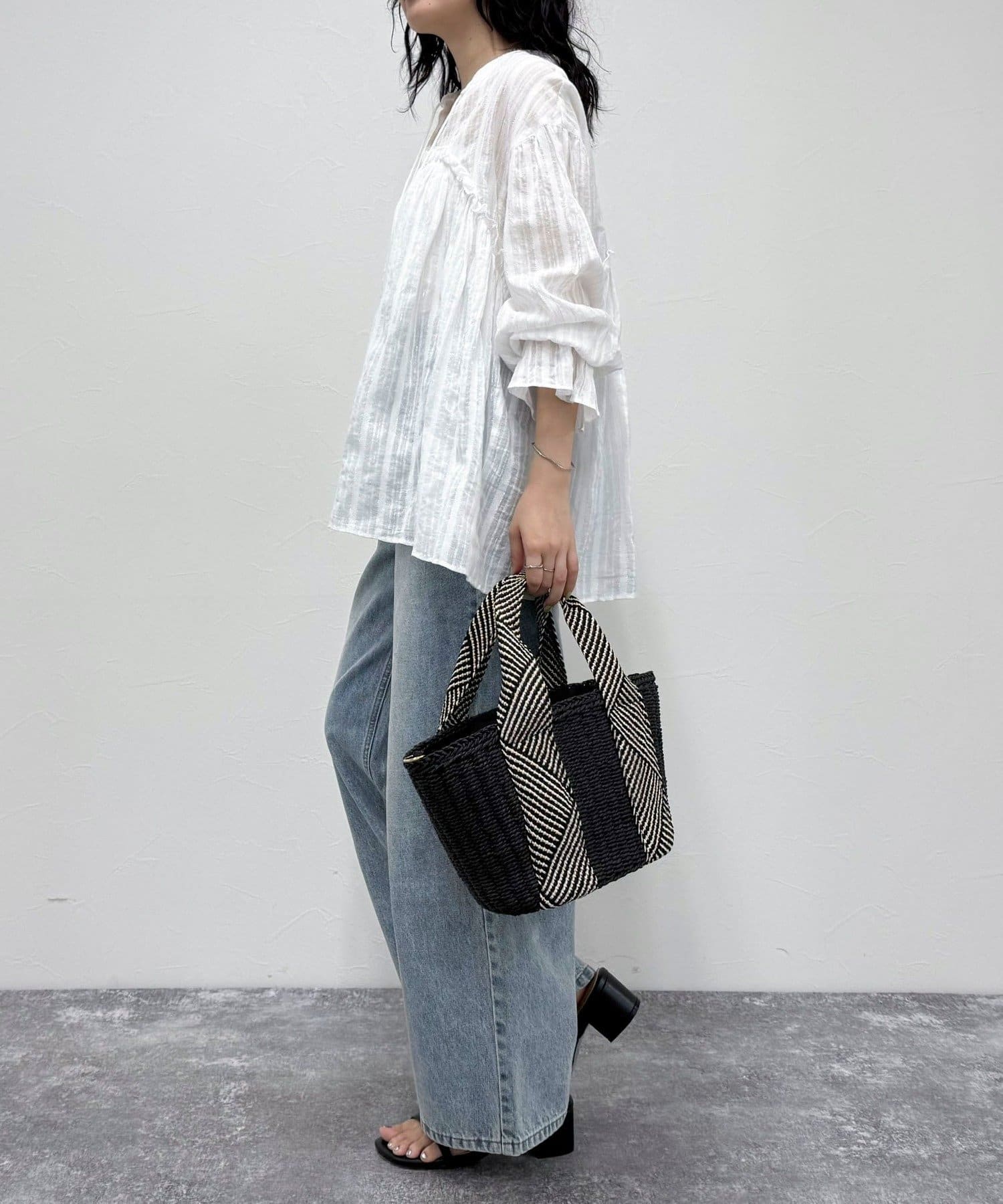 Drawer コットン ギャザー ワイド フレア ブラウス シャツ ホワイト