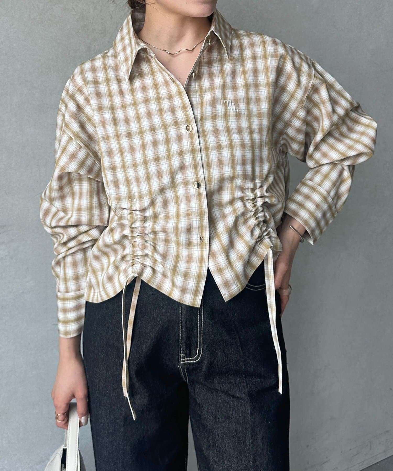 ブラウス シャツ 「UV加工付き」ドロストチェックショートシャツ レディース UV加工付き】ドロストチェックショートシャツ（シャツ/ブラウス