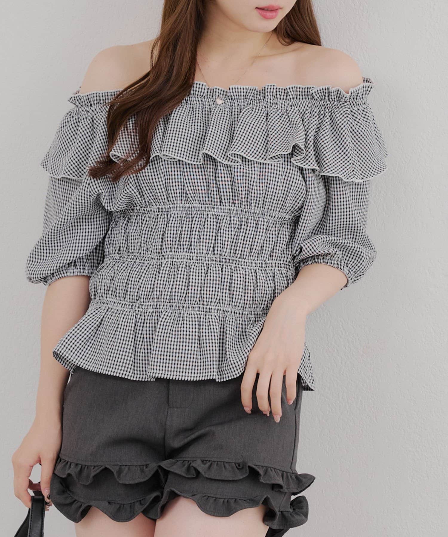 NICE CLAUP / OLIVE des OLIVE OUTLET(ナイスクラップ  / オリーブ デ オリーブ アウトレット) 【RMAF】2wayシャーリングオフショルブラウス