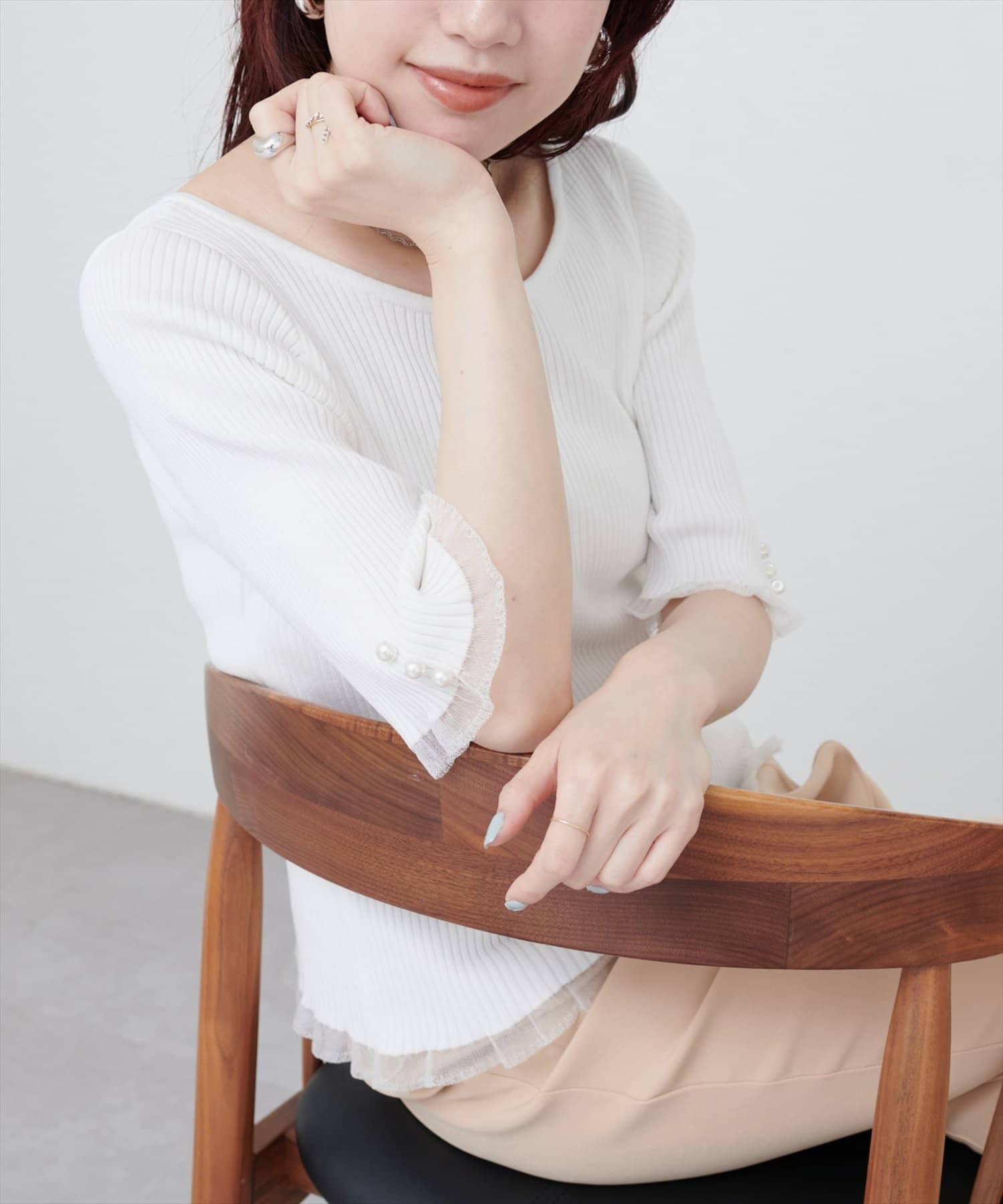 【2025AW natural couture】前後2WAYシアーフリルリブニットWEB限定カラー：ピンク■Design繊細なレースが目を引く、大人の女性のためのリブトップス。シンプルなデザインながら