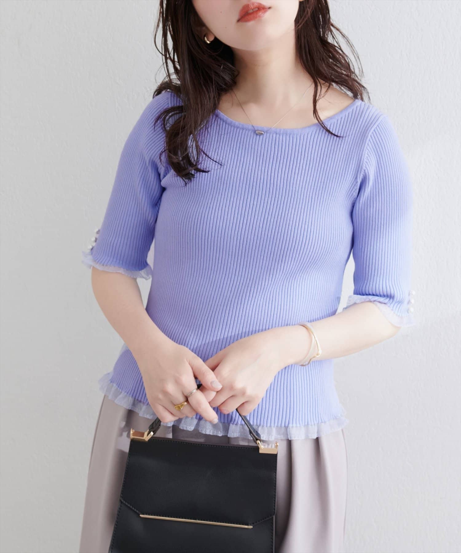 【2025AW natural couture】前後2WAYシアーフリルリブニットWEB限定カラー：ピンク■Design繊細なレースが目を引く、大人の女性のためのリブトップス。シンプルなデザインながら