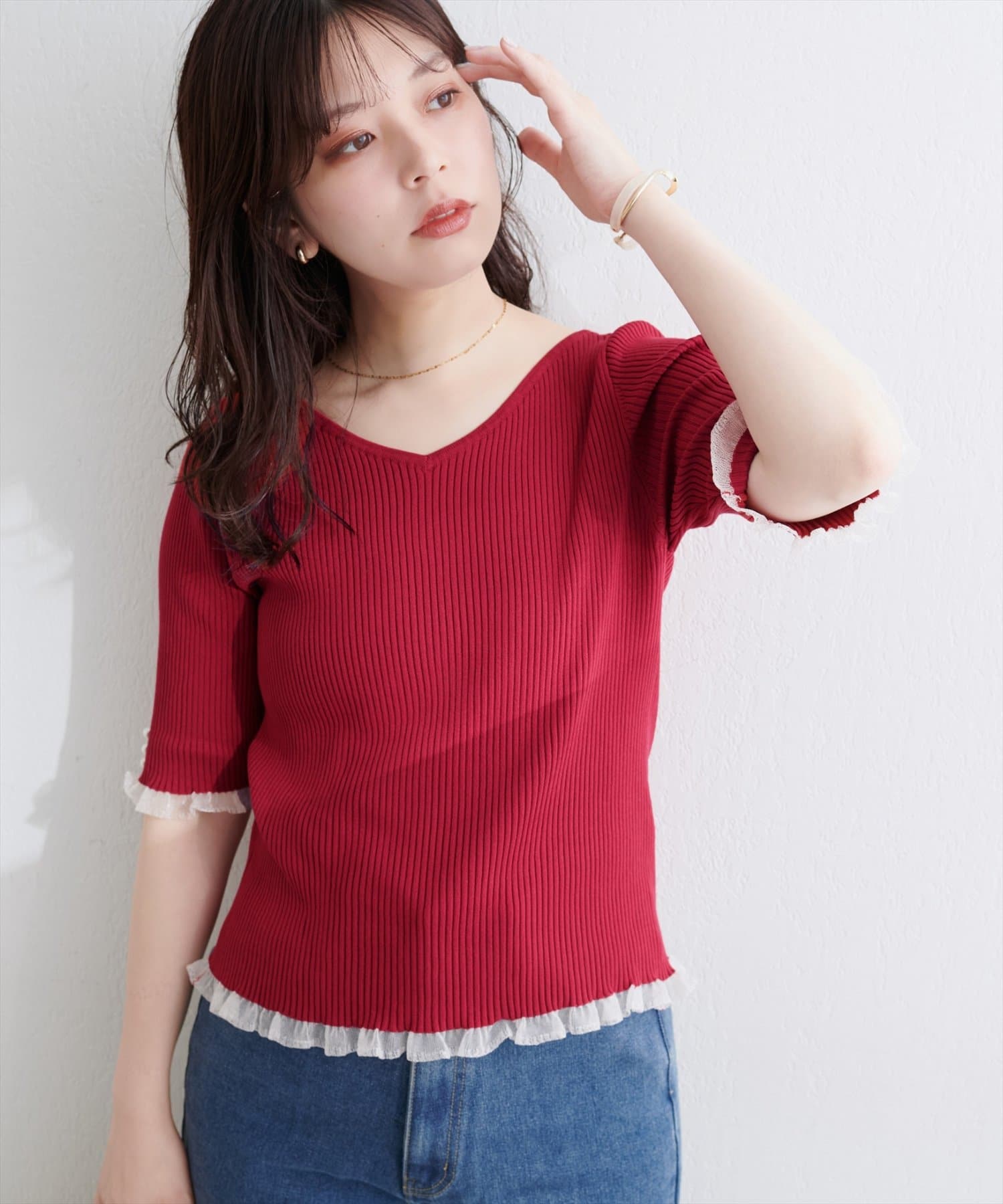 【2025AW natural couture】前後2WAYシアーフリルリブニットWEB限定カラー：ピンク■Design繊細なレースが目を引く、大人の女性のためのリブトップス。シンプルなデザインながら
