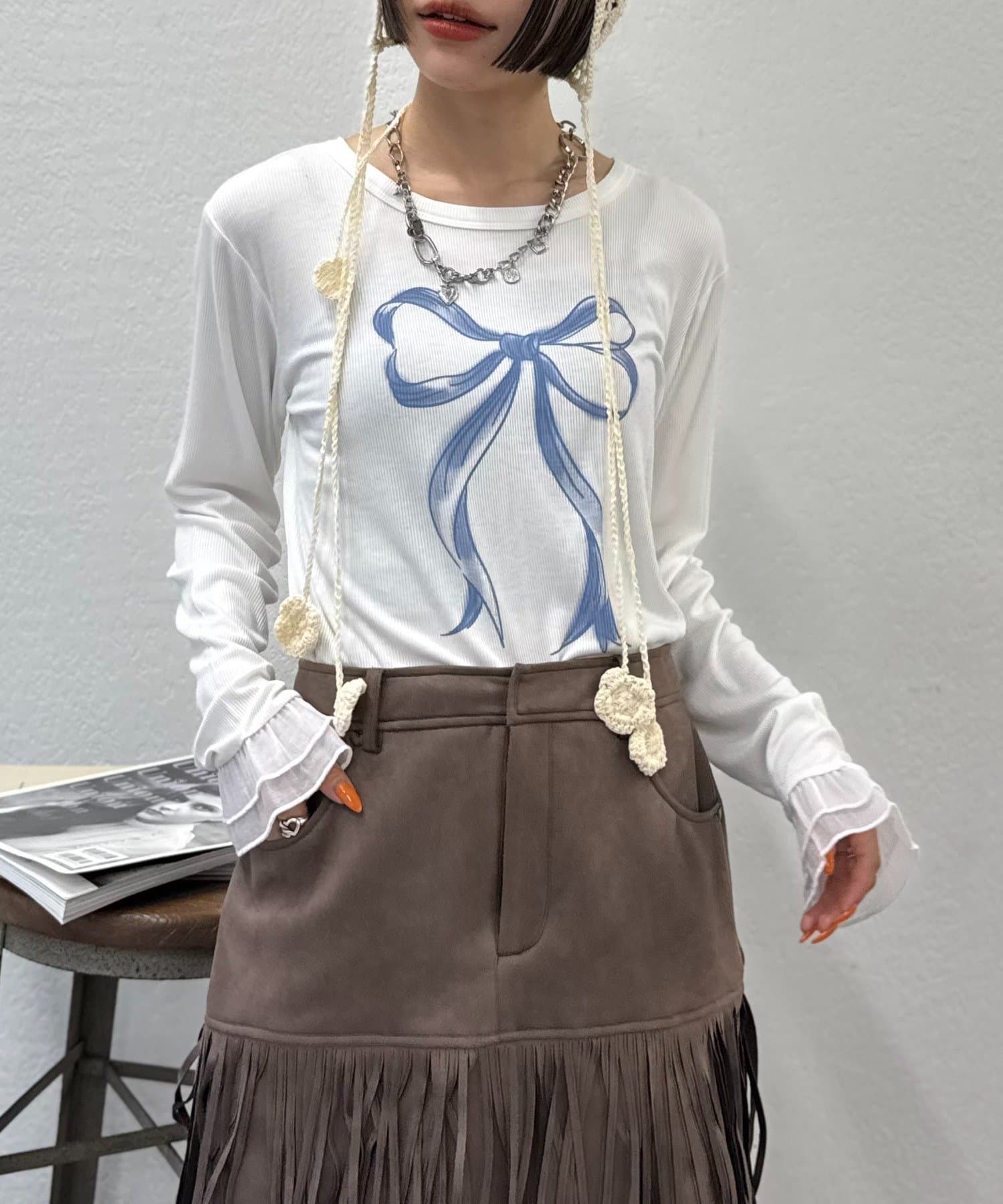 w closet(ダブルクローゼット) 【25AW】袖フリルリボンロンT