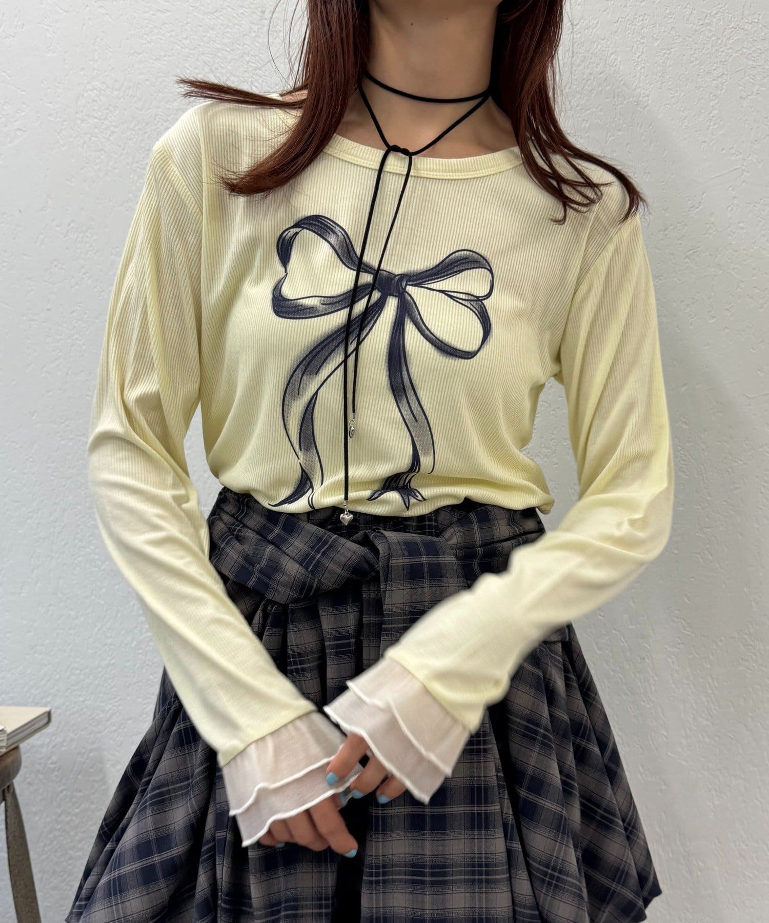 w closet(ダブルクローゼット) 【25AW】袖フリルリボンロングTシャツ
