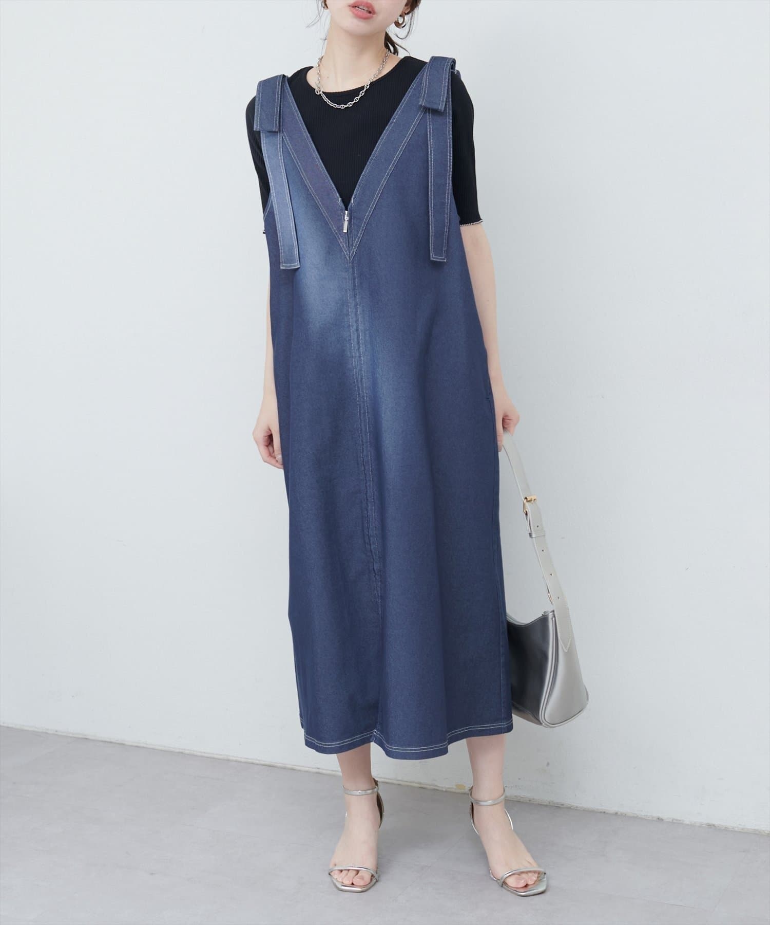 NICE CLAUP / OLIVE des OLIVE OUTLET(ナイスクラップ  / オリーブ デ オリーブ アウトレット) 【natural couture】肩リボンデニムライクジャンスカ