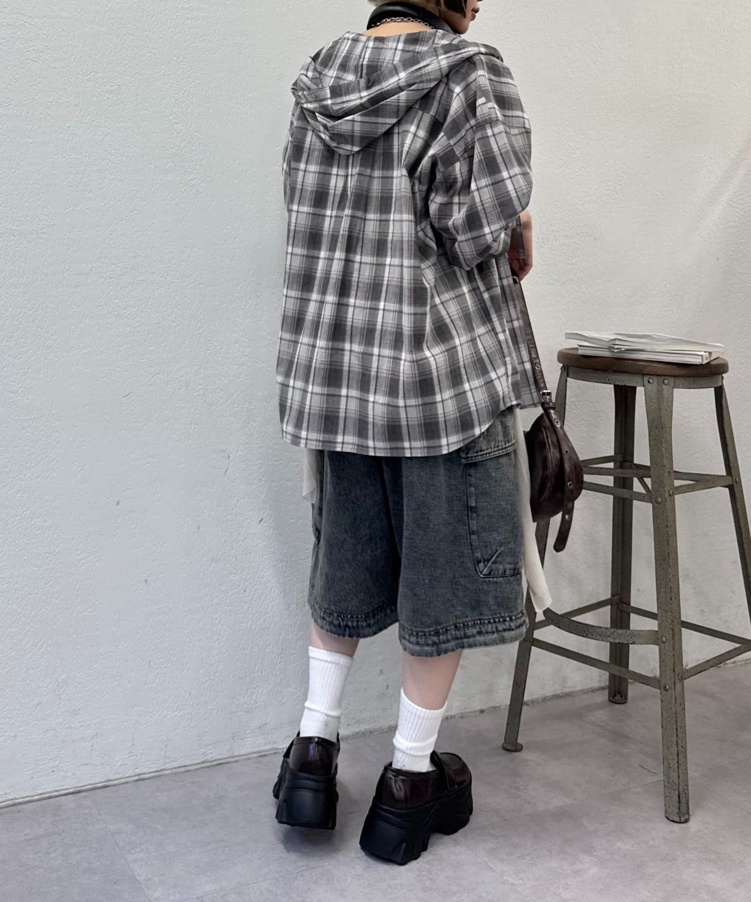 w closet(ダブルクローゼット) 【25AW】チェックフリルフーディーシャツ