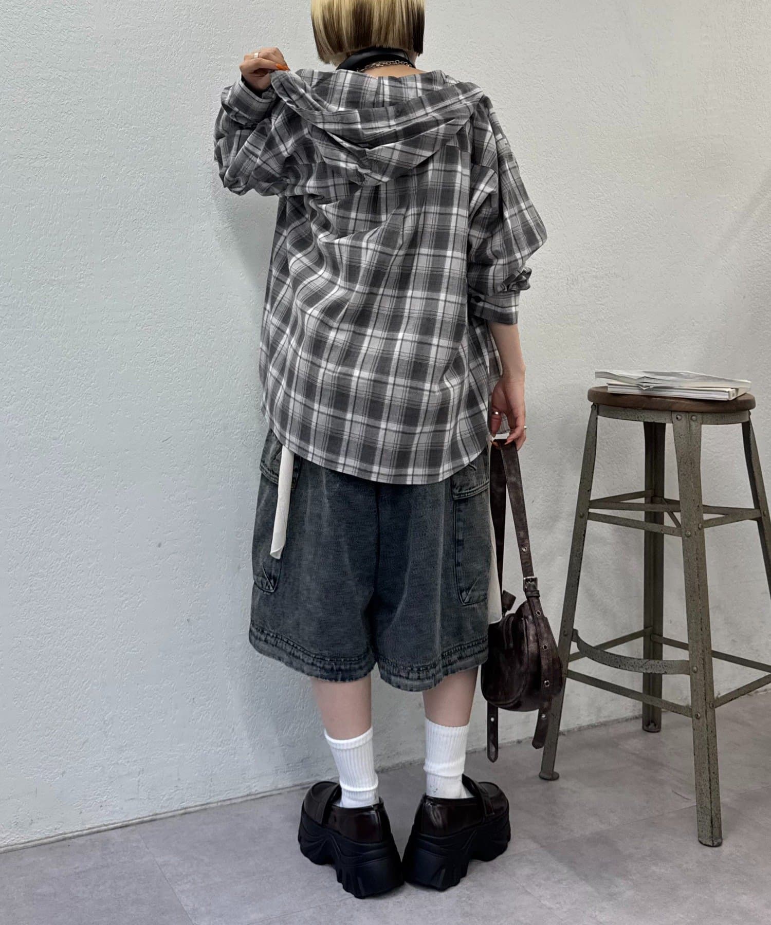 w closet(ダブルクローゼット) 【25AW】チェックフリルフーディーシャツ