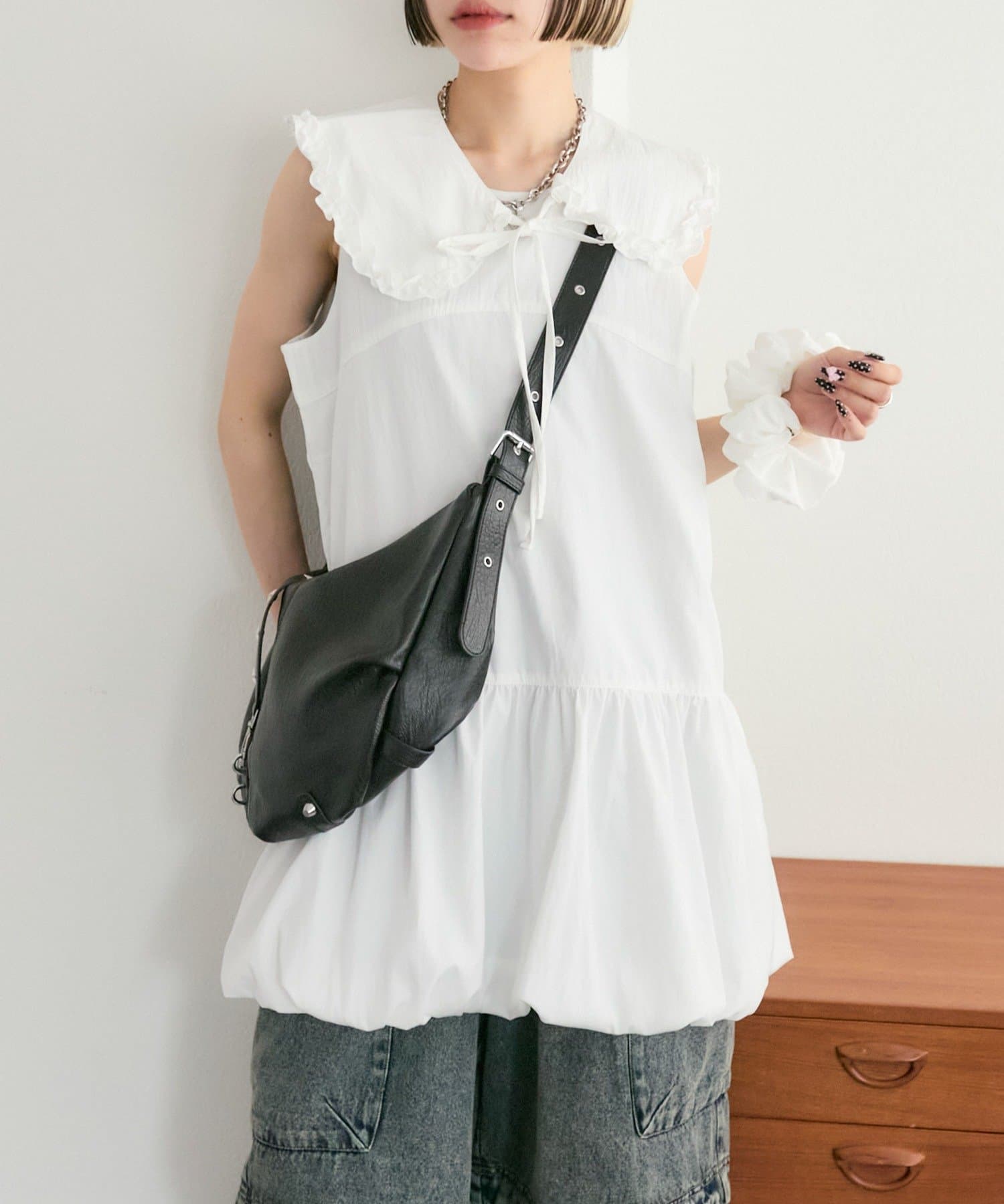 w closet(ダブルクローゼット) 【25AW】【3点セット/3色展開】シュシュ衿付きバルーンワンピ