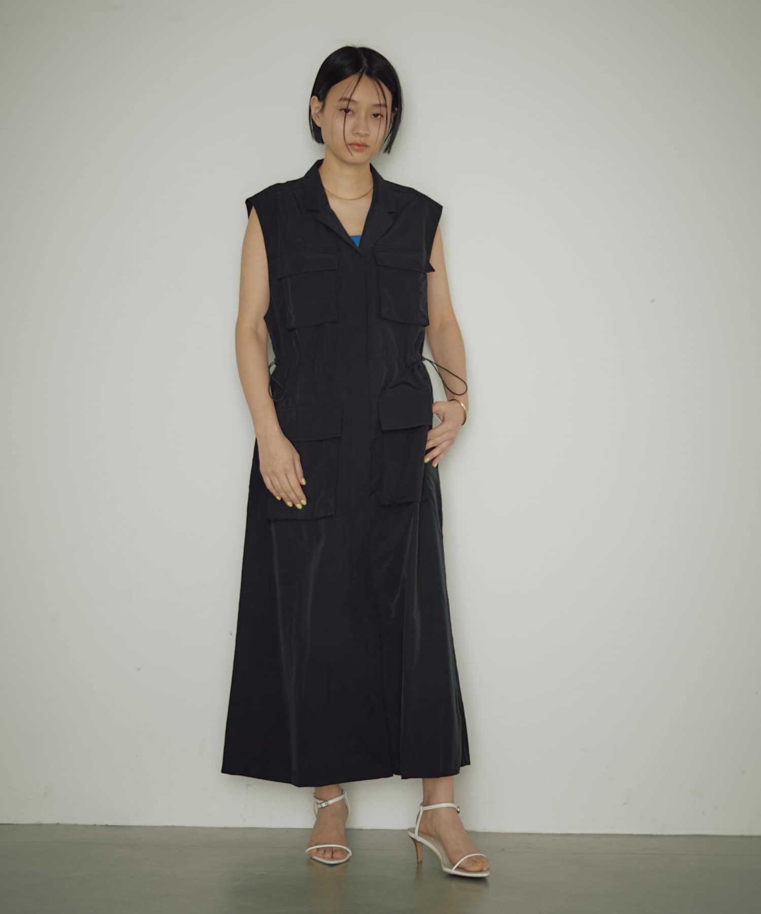 ベージュ　ワンピース風ロングベスト select MOCA ベスト 2021 SS メッシュ編みバイカラーロング