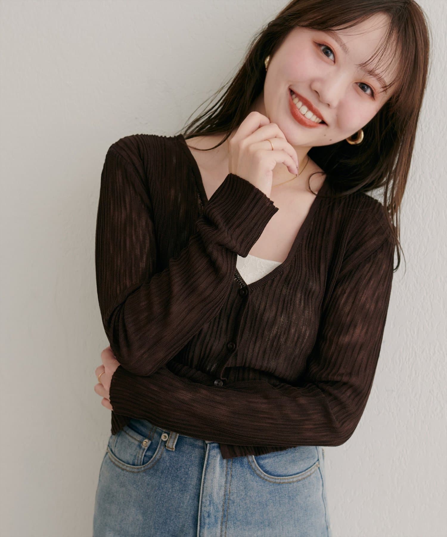 natural couture(ナチュラルクチュール) 【WEB限定】針抜きリブVネックシアーカーディガン
