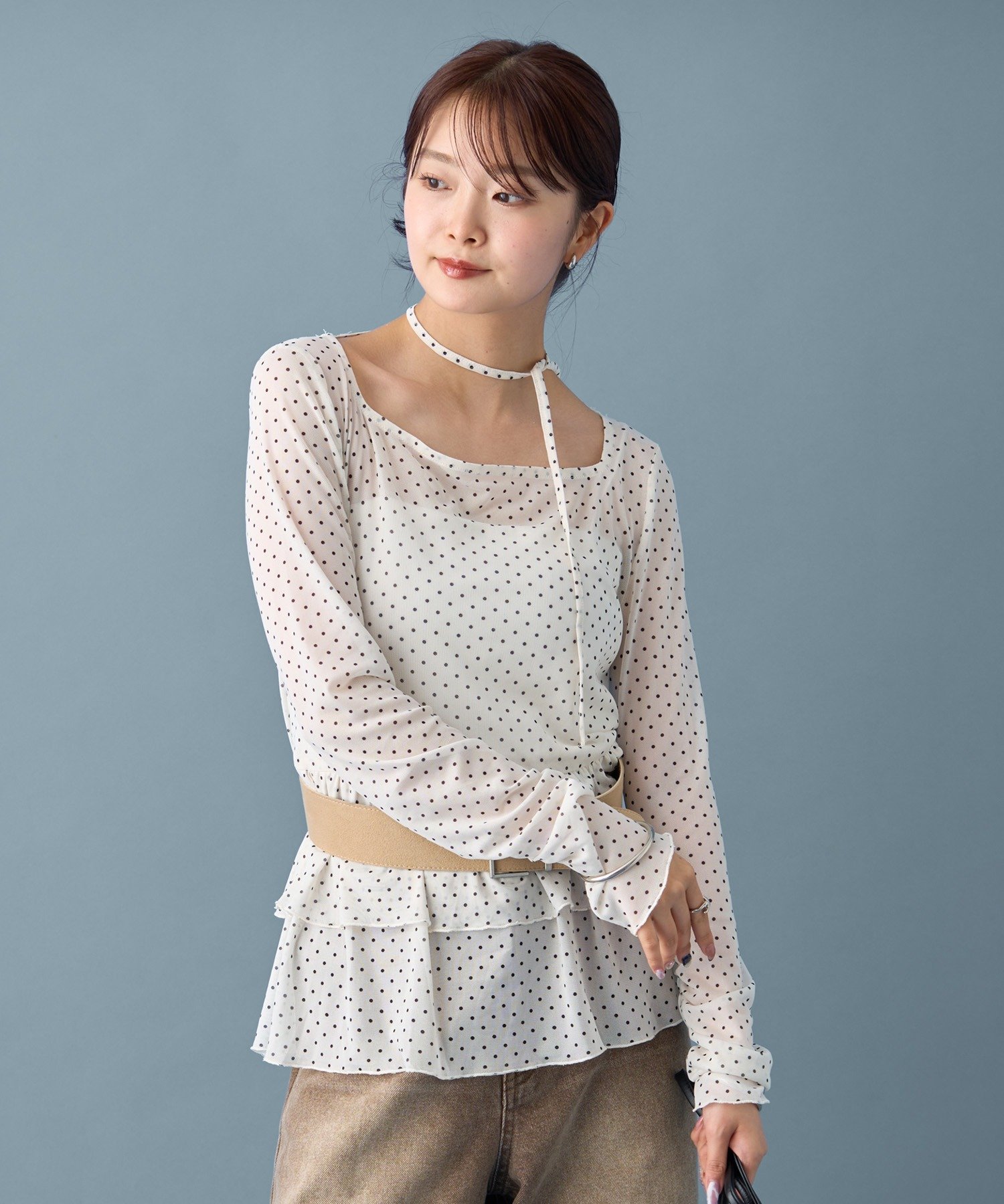 mystic ドットティアードプルオーバー　ホワイト　ドット mystic tシャツ ドットティアードプルオーバー レディース
