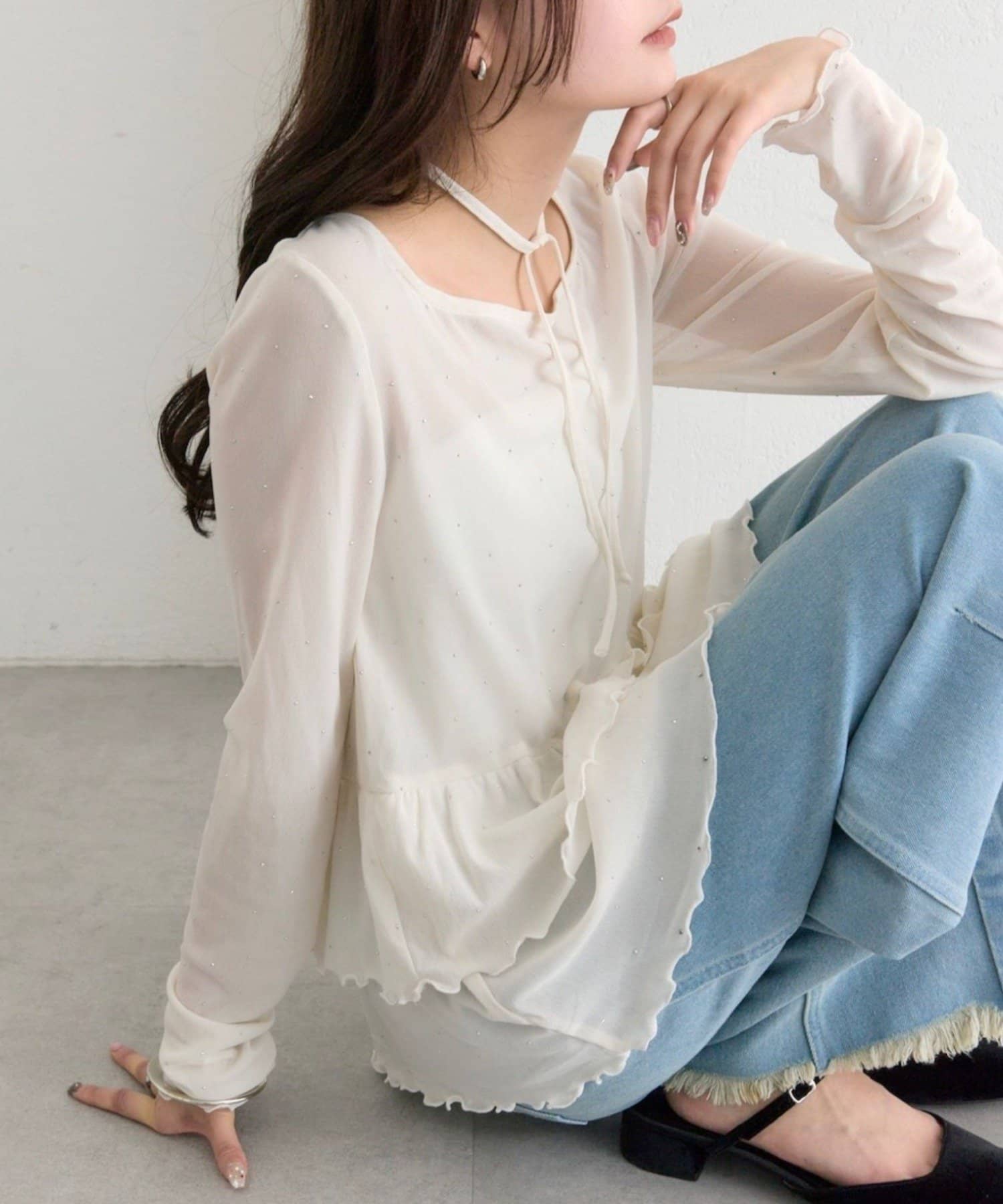 mysticの《12/14(SUN)23:59までの限定価格》【新色ホワイト(スパンコール)】ドットティアードプルオーバー