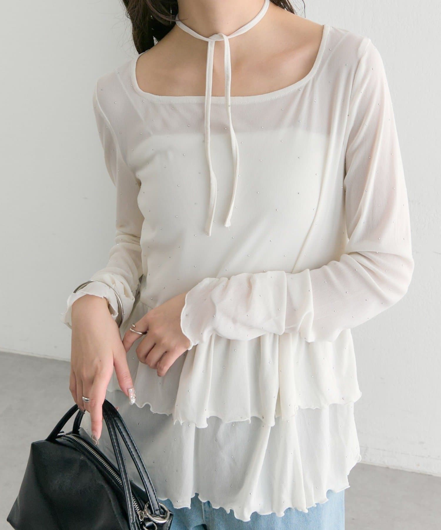 mystic(ミスティック) 《12/14(SUN)23:59までの限定価格》【新色ホワイト(スパンコール)】ドットティアードプルオーバー