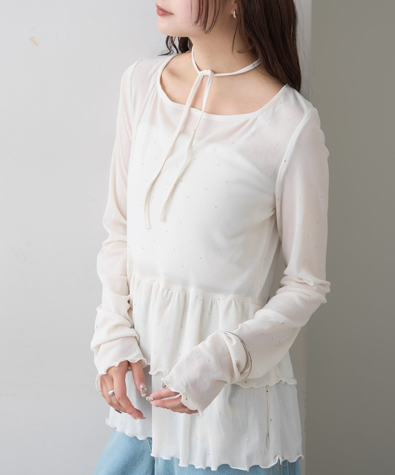 mystic(ミスティック) 《12/14(SUN)23:59までの限定価格》【新色ホワイト(スパンコール)】ドットティアードプルオーバー