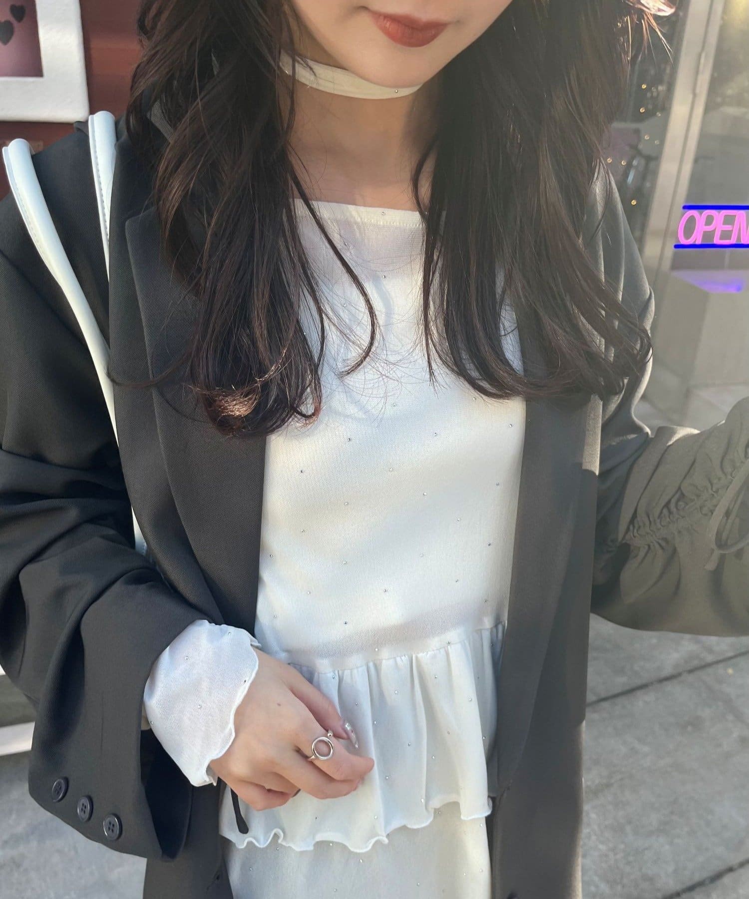 mystic(ミスティック) 【新色ホワイト(ラインストーン)】ドットティアードプルオーバー