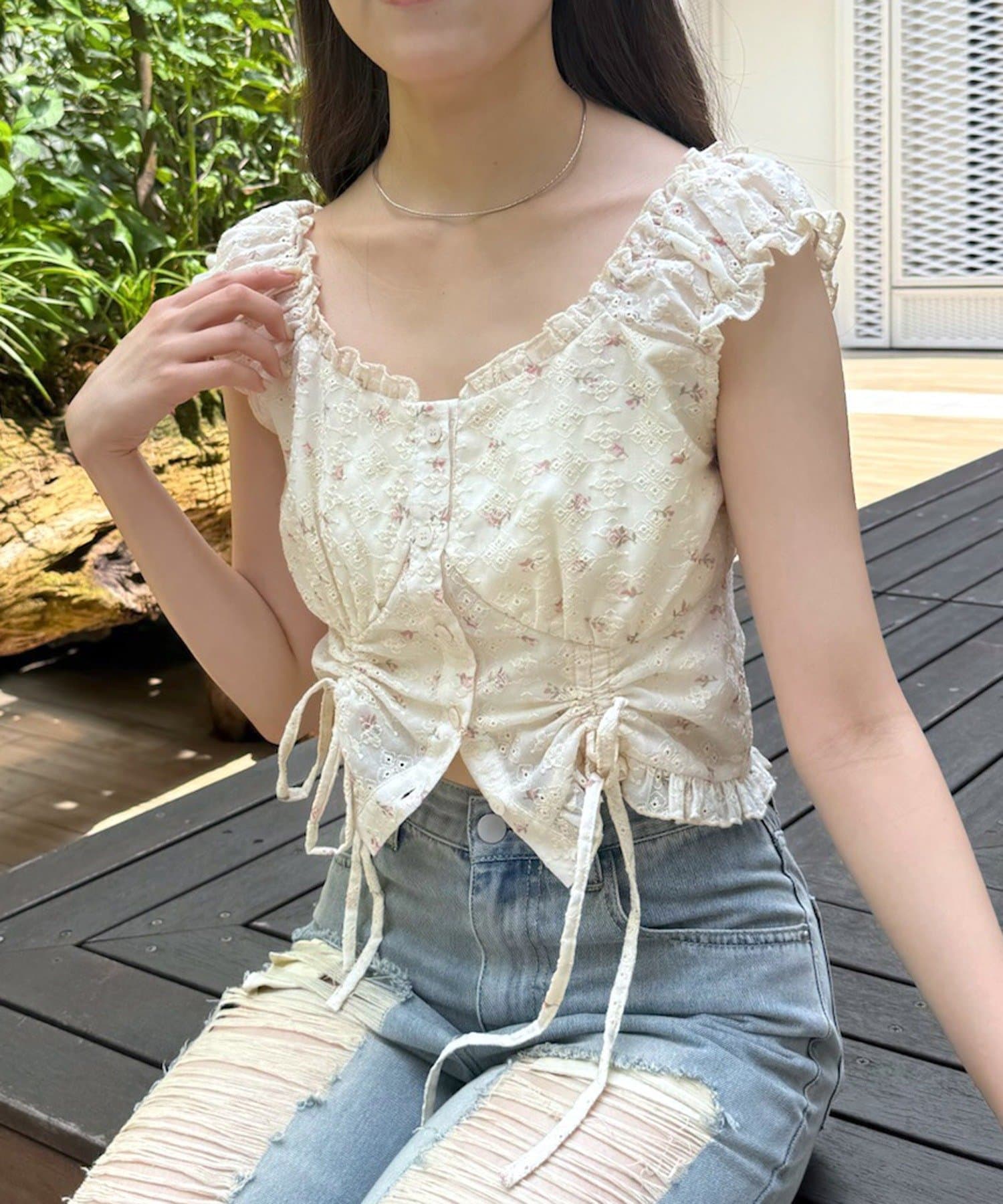 mline(エムライン) [mline]花柄刺繍 ドロストブラウス