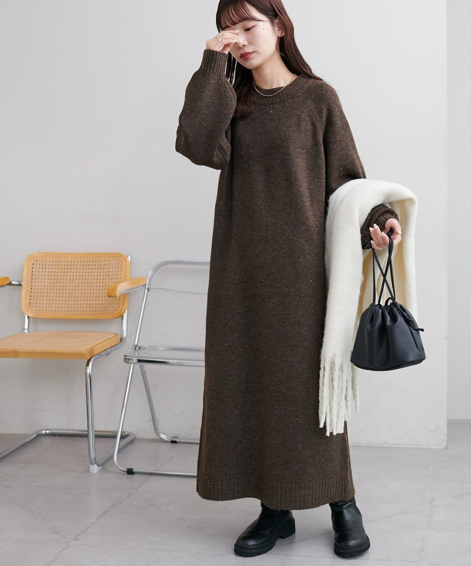 DISCOAT(ディスコート) 【楽ちんワンピ♪/6色展開/WEB限定】ラグランハイネックニットワンピース