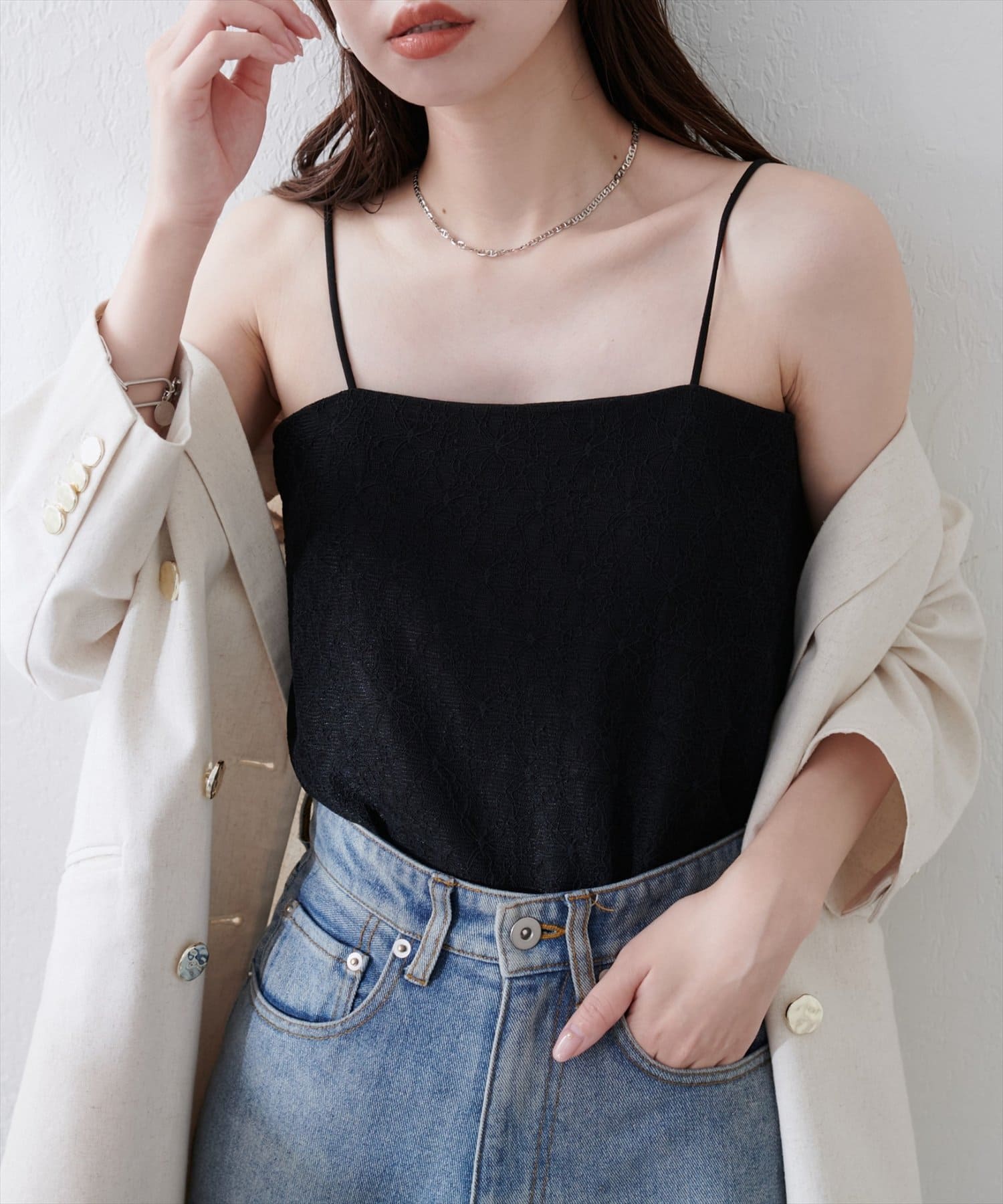 natural couture(ナチュラルクチュール) カップ付きシアーレースベアキャミ