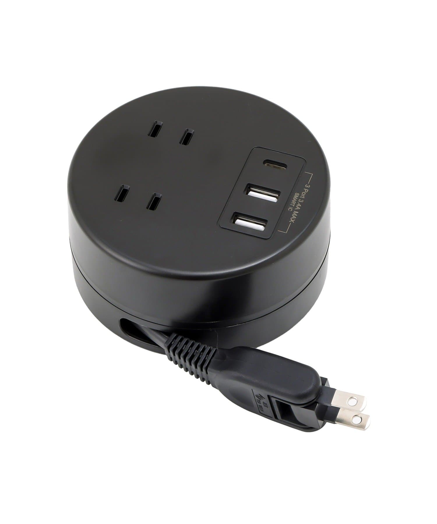 3COINS(スリーコインズ) 丸型電源タップ（AC×2/USB×2/TYPEC×1）：1ｍ