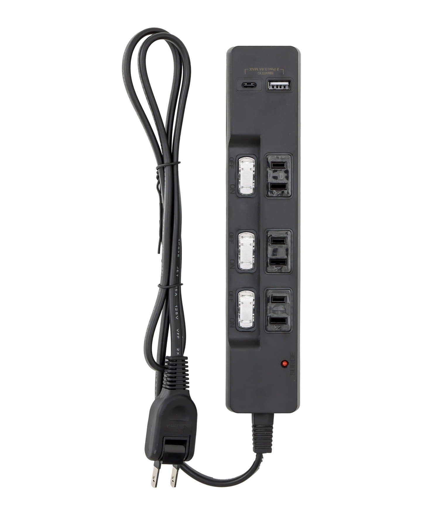 3COINS(スリーコインズ) スイッチ付き電源タップ（AC×3/USB×1/TYPEC×1）：1ｍ