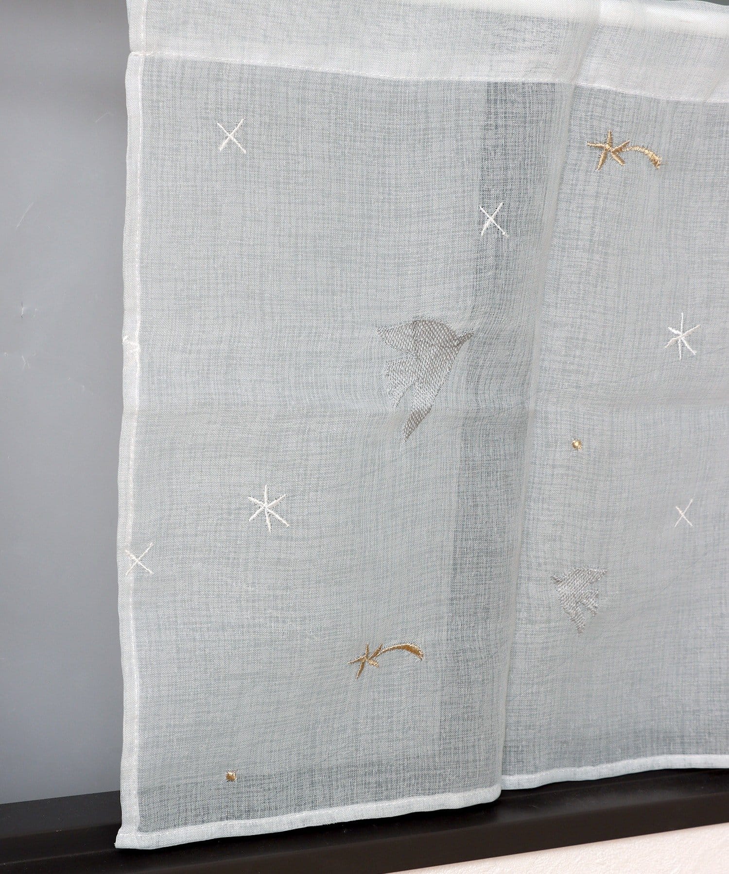 3COINS(スリーコインズ) 刺繍カフェカーテン鳥と星：45×105cm