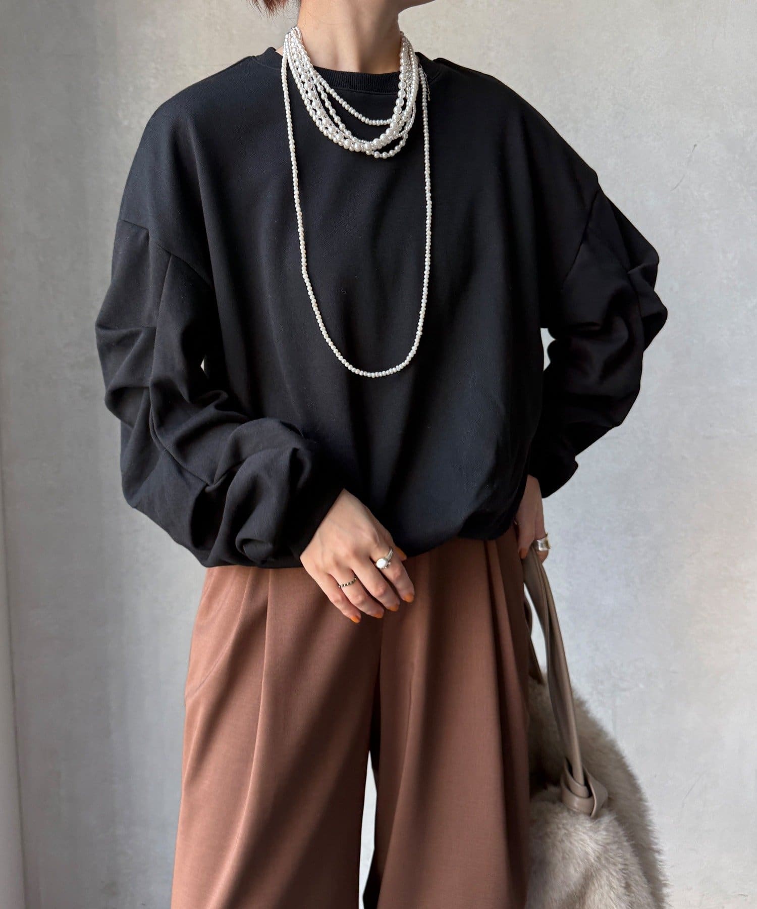 DOUDOU(ドゥドゥ) 【WEB限定】裏毛袖タックプルオーバー