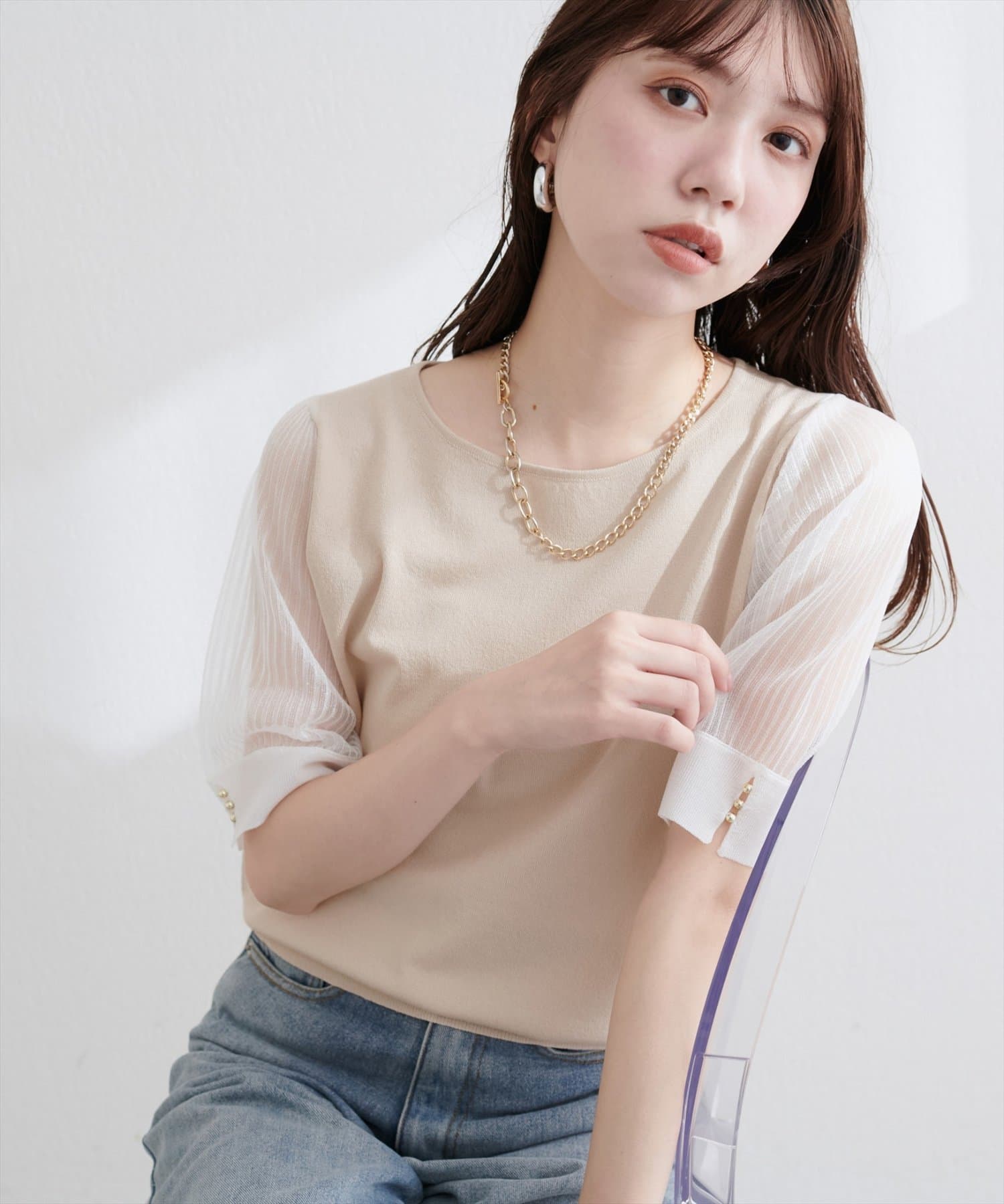 natural couture(ナチュラルクチュール) シアーリブ袖メタル釦ニット