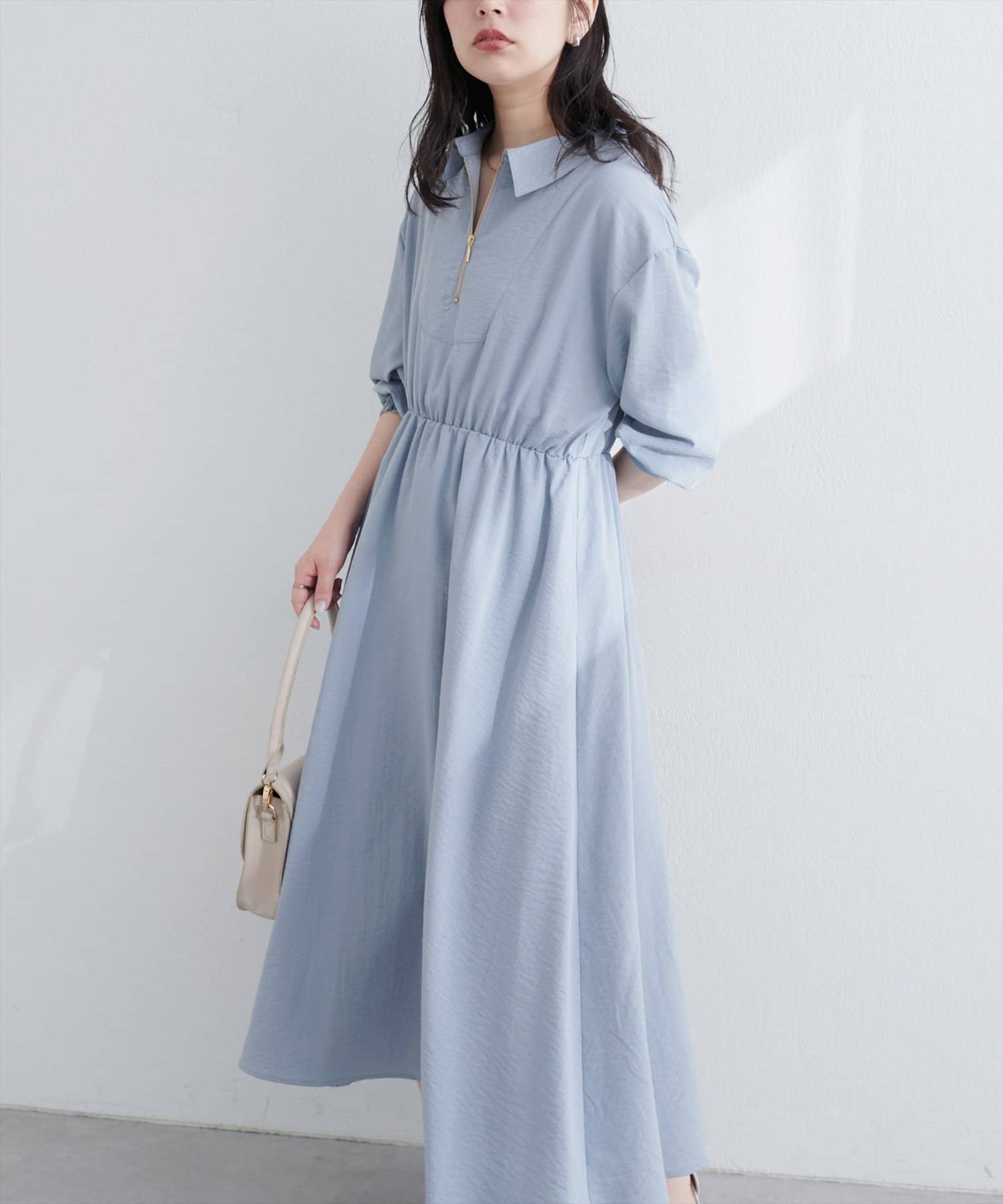 natural couture(ナチュラルクチュール) 【WEB限定】フロントZIP衿付きワンピース