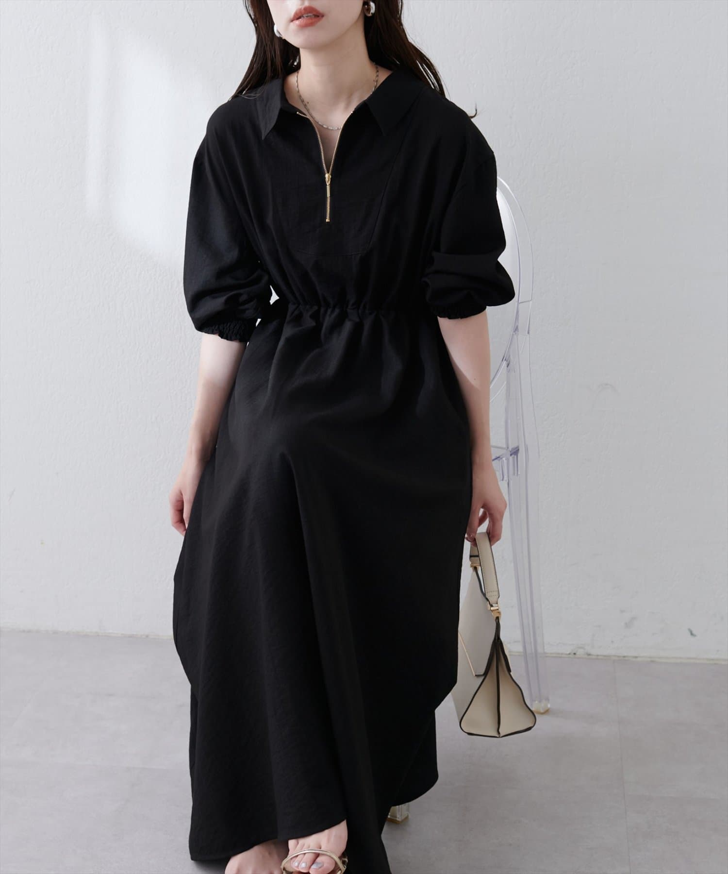 natural couture(ナチュラルクチュール) 【WEB限定】フロントZIP衿付きワンピース
