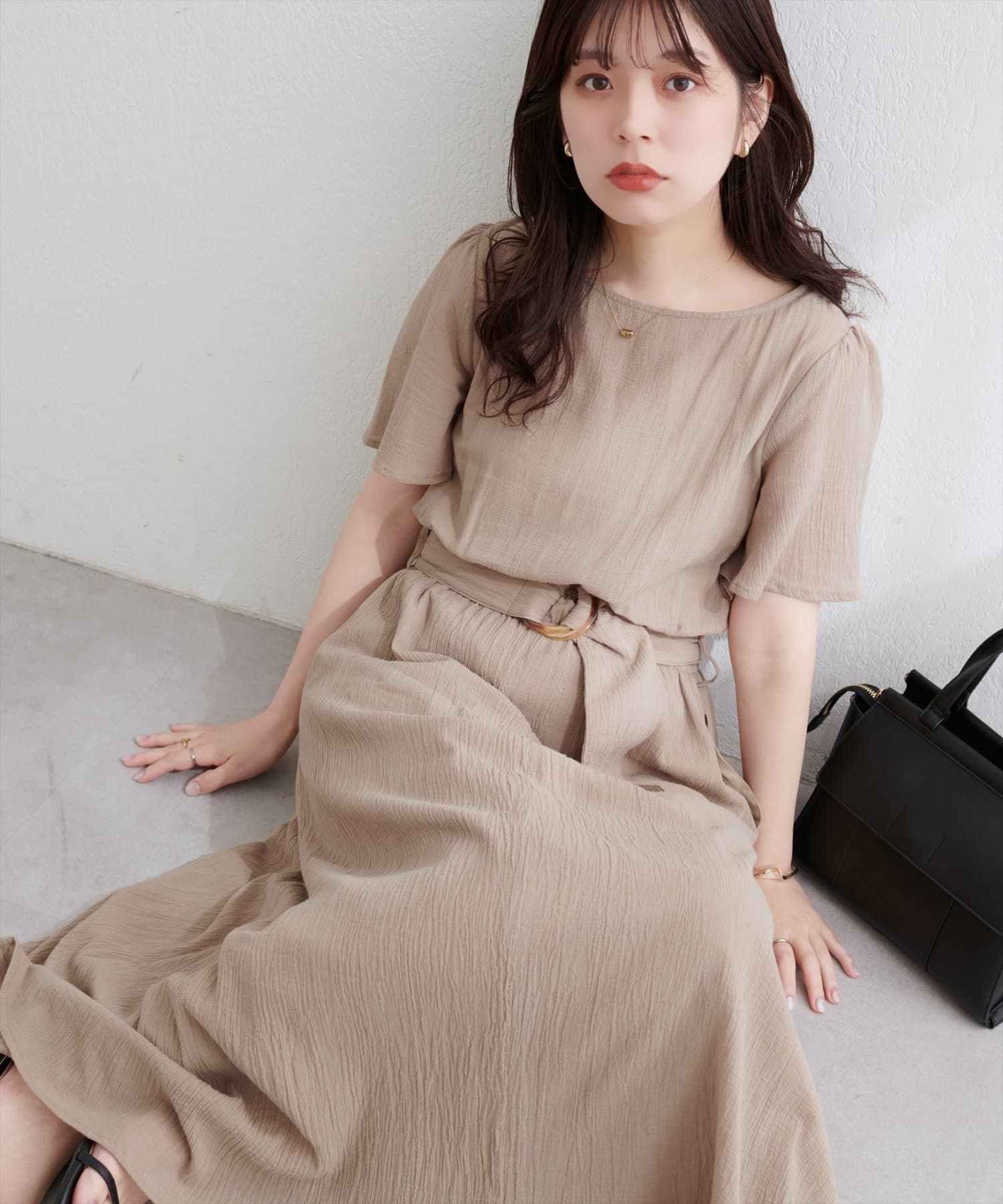 natural couture(ナチュラルクチュール) 【WEB限定】フレア袖太ベルトワンピース