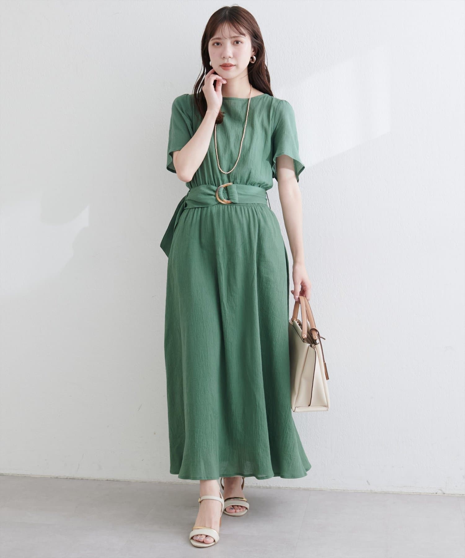 natural couture(ナチュラルクチュール) 【WEB限定】フレア袖太ベルトワンピース