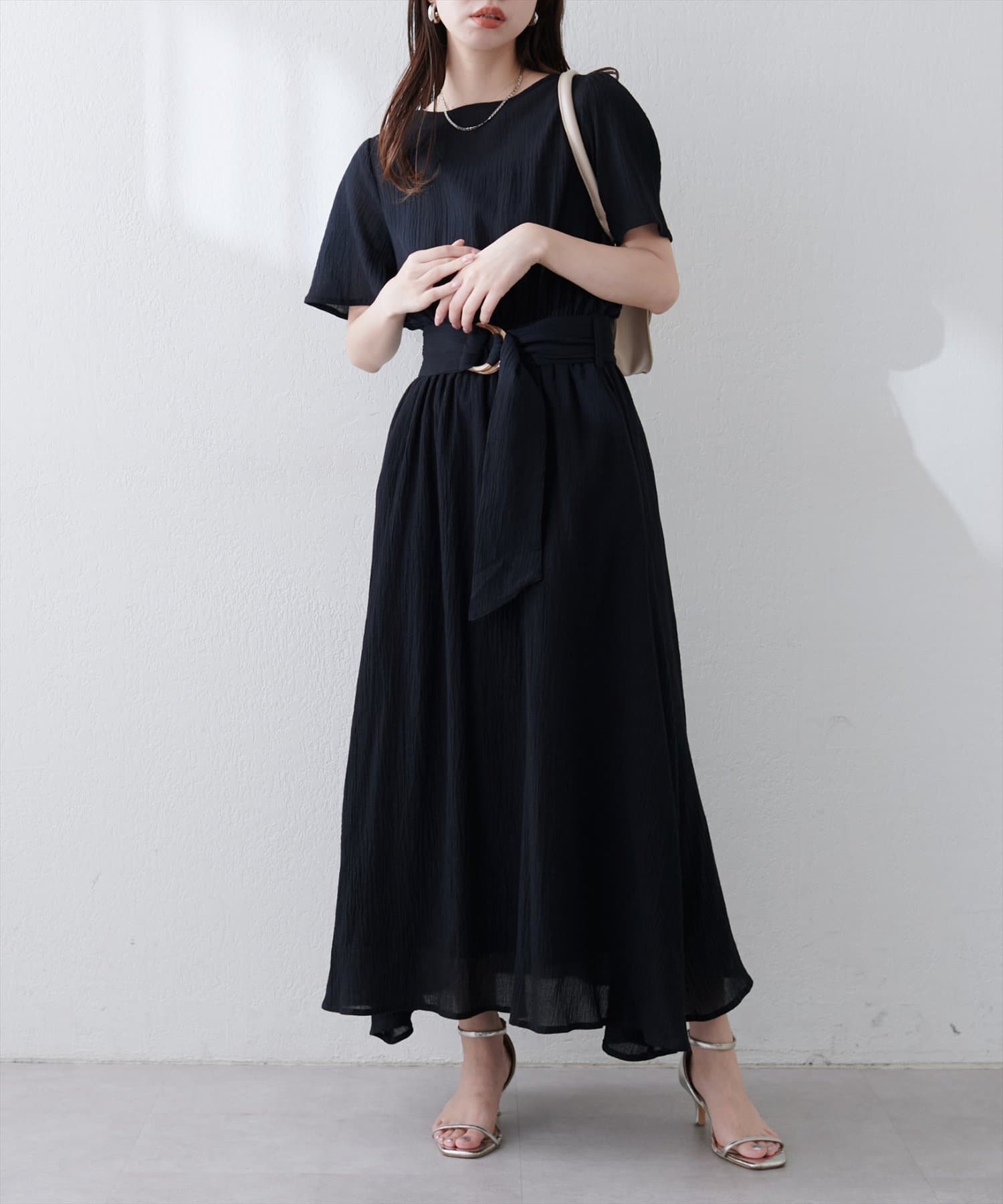 natural couture(ナチュラルクチュール) 【WEB限定】フレア袖太ベルトワンピース