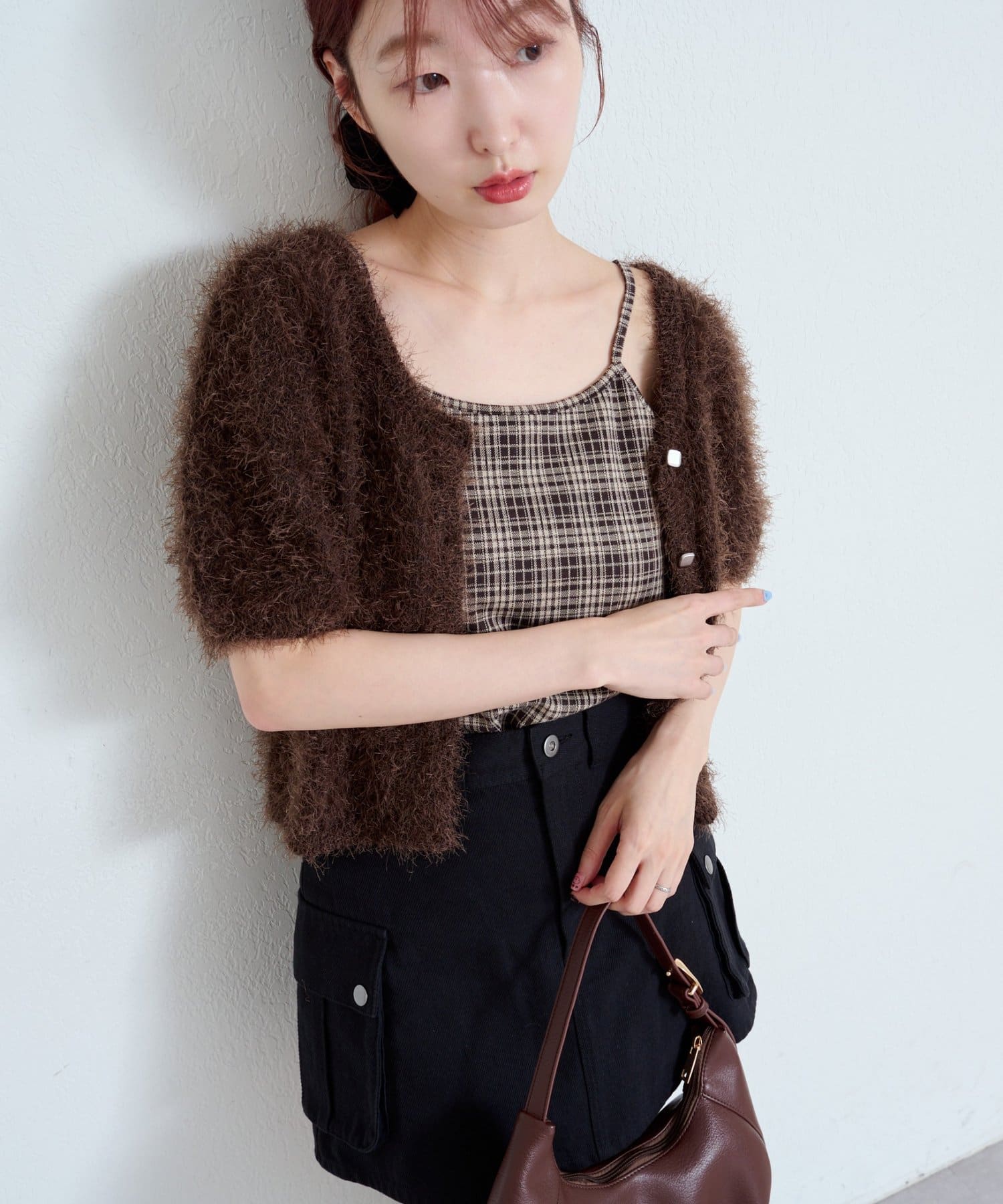 kastane セットアップ対応　シャギー半袖カーディガン　チャコールグレー 新色追加/セットアップ対応/前後2WAY】シャギー半袖カーディガン