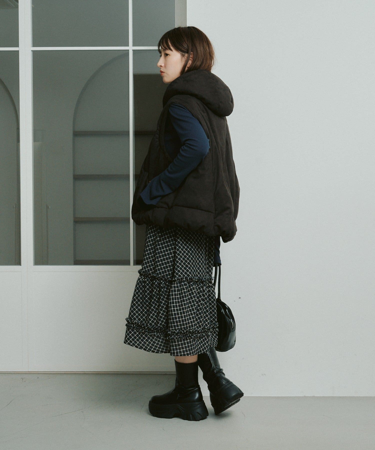 Kastane(カスタネ) 【新色追加/チェック&無地】フリルミドルスカート