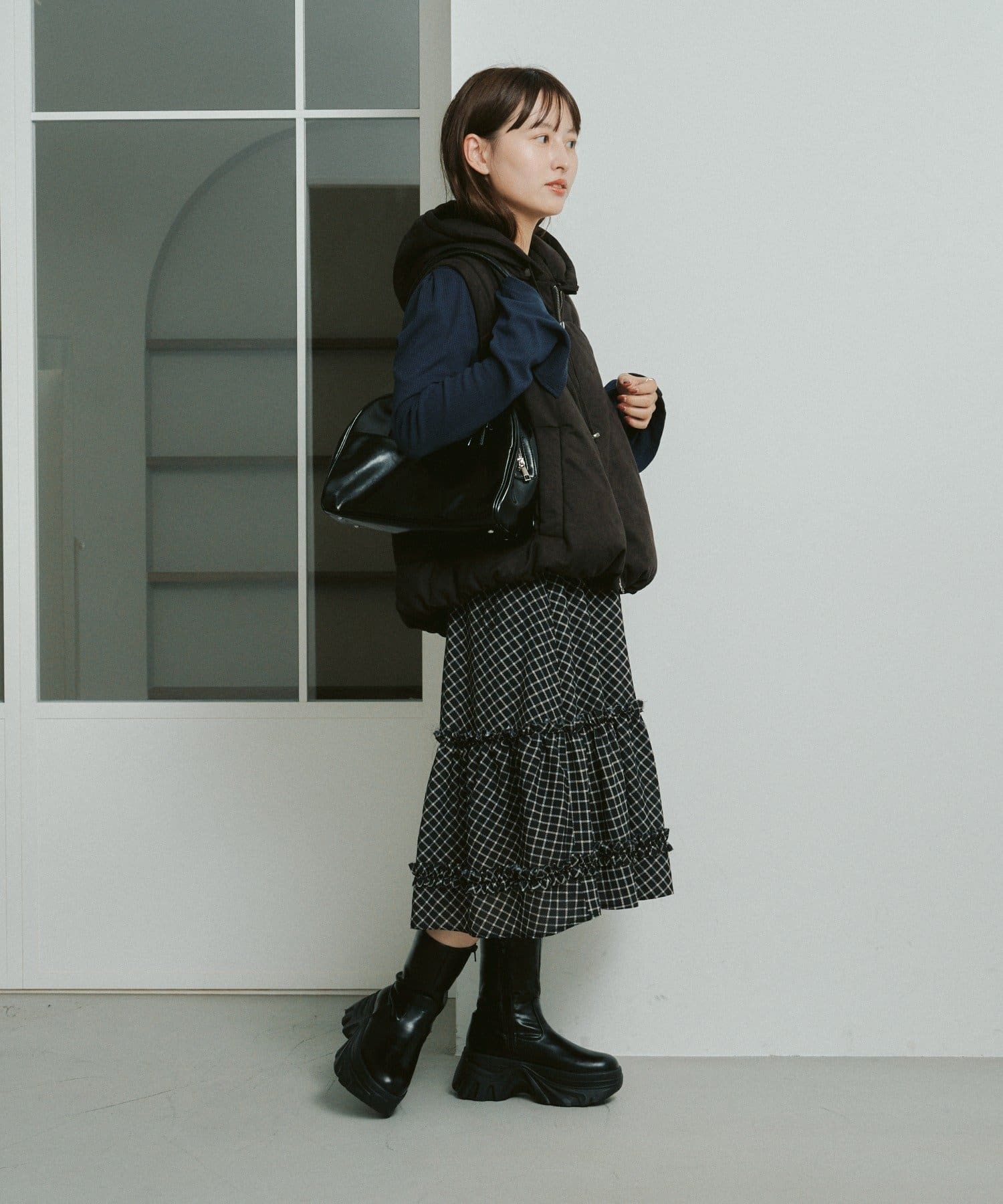 Kastane(カスタネ) 【新色追加/チェック&無地】フリルミドルスカート