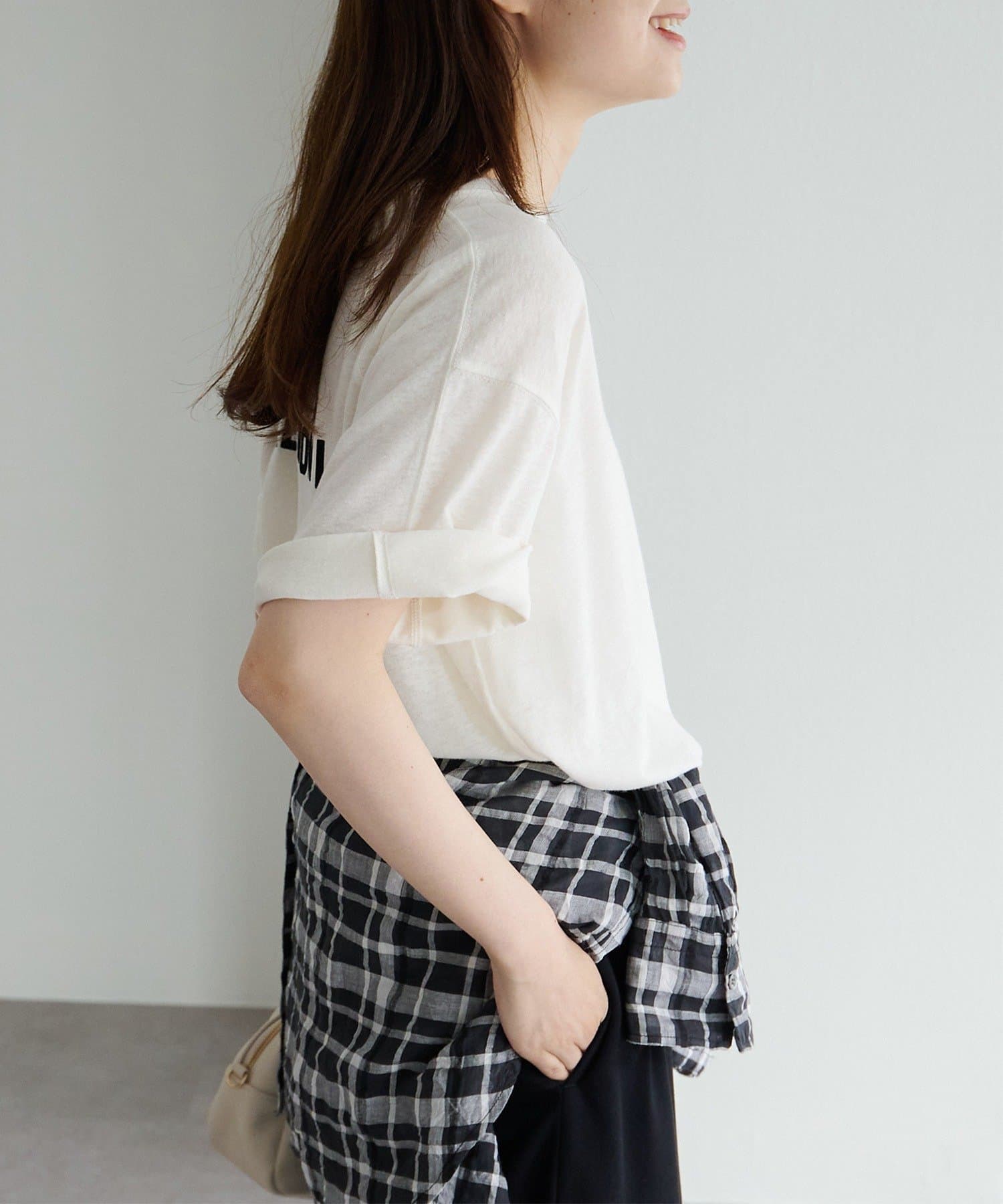 ロゴ刺繍×フロッキープリント麻混Tシャツ | PUAL CE CIN