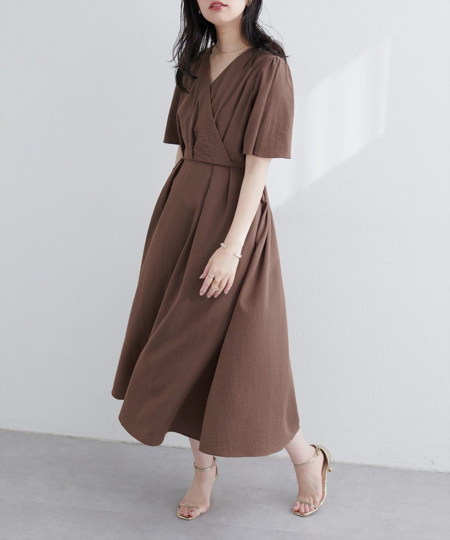 natural couture(ナチュラルクチュール) 【WEB限定】フレア袖カシュクールワンピース