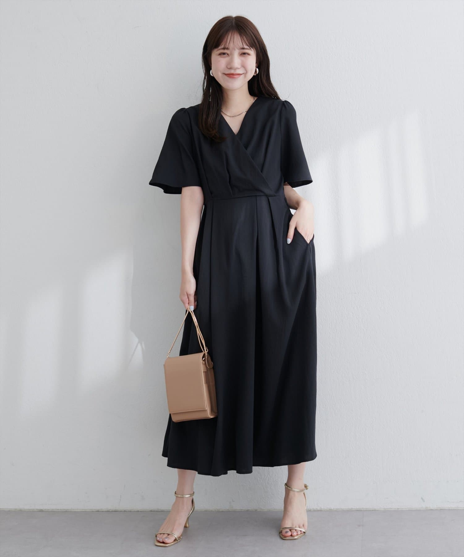natural couture(ナチュラルクチュール) 【WEB限定】フレア袖カシュクールワンピース