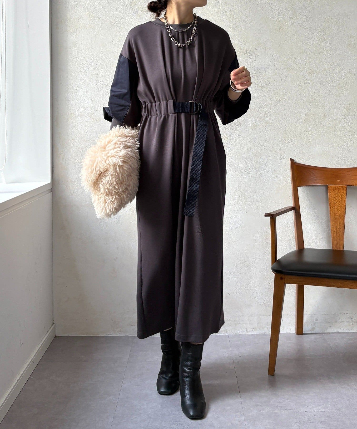 DOUDOU(ドゥドゥ) 【WEB限定】ウエストベルト異素材切替ワンピース