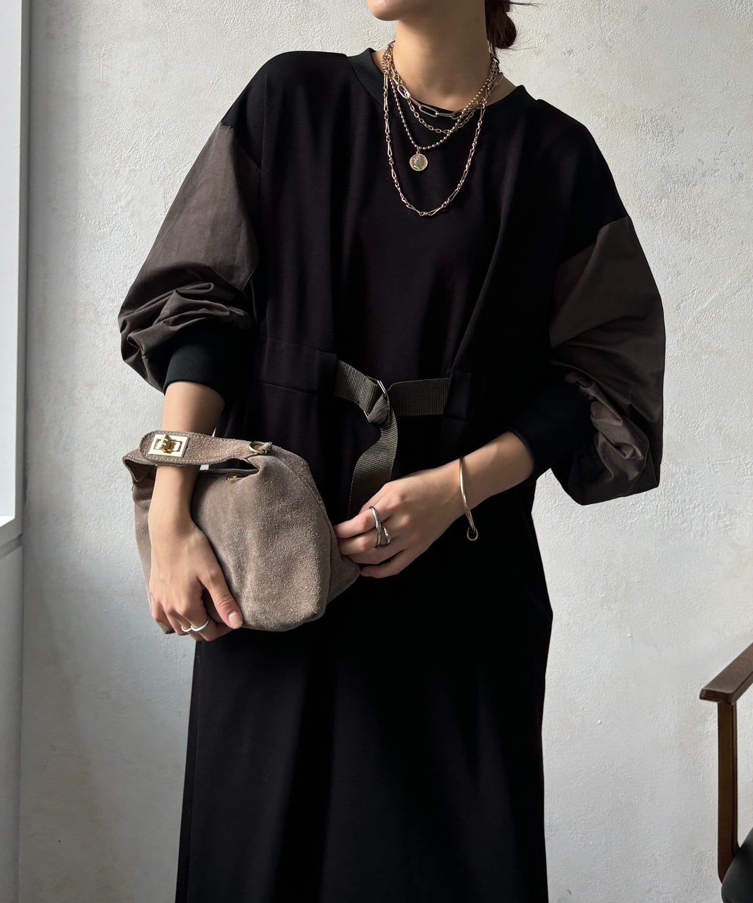 DOUDOU(ドゥドゥ) 【WEB限定】ウエストベルト異素材切替ワンピース