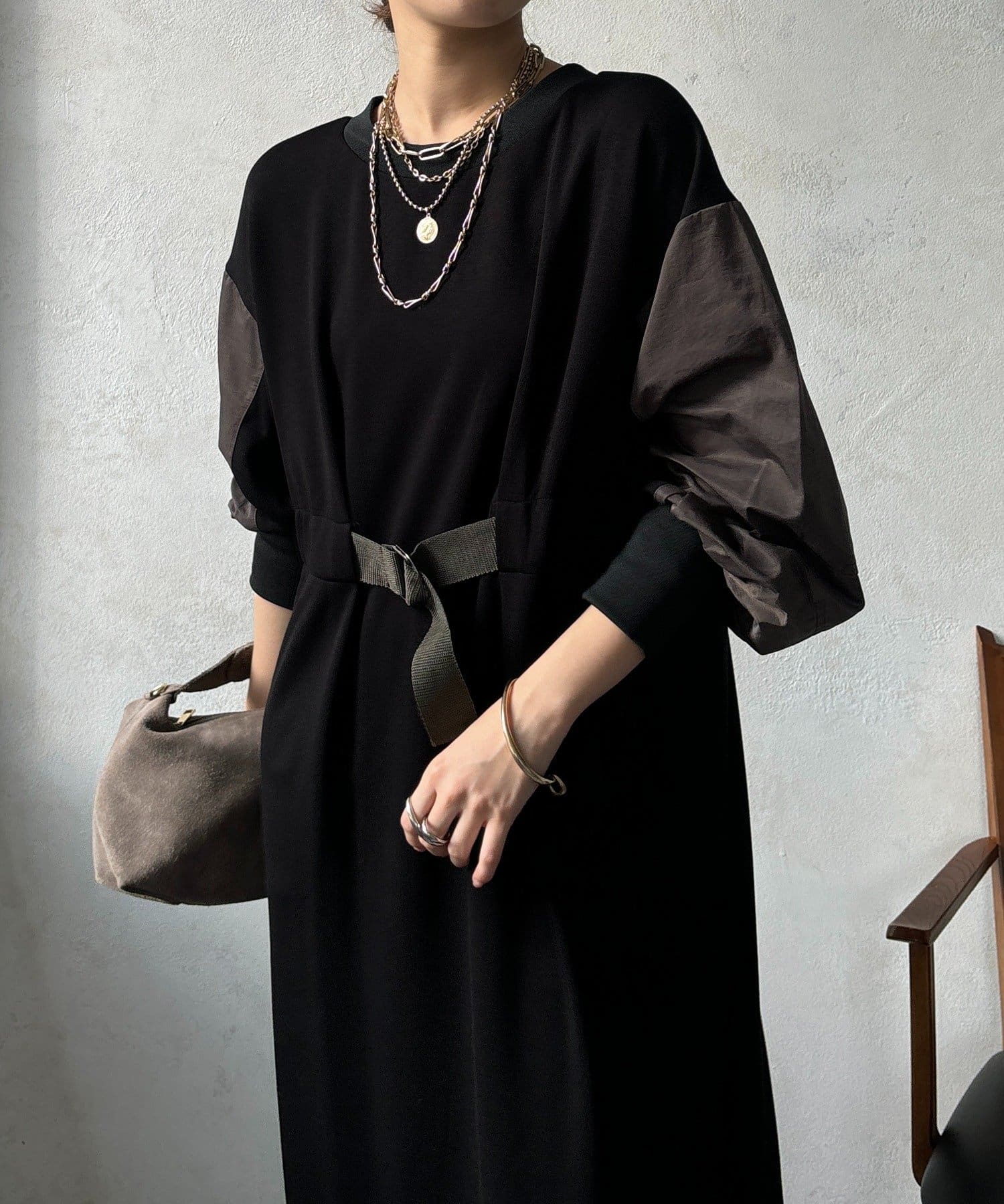 DOUDOU(ドゥドゥ) 【WEB限定】ウエストベルト異素材切替ワンピース