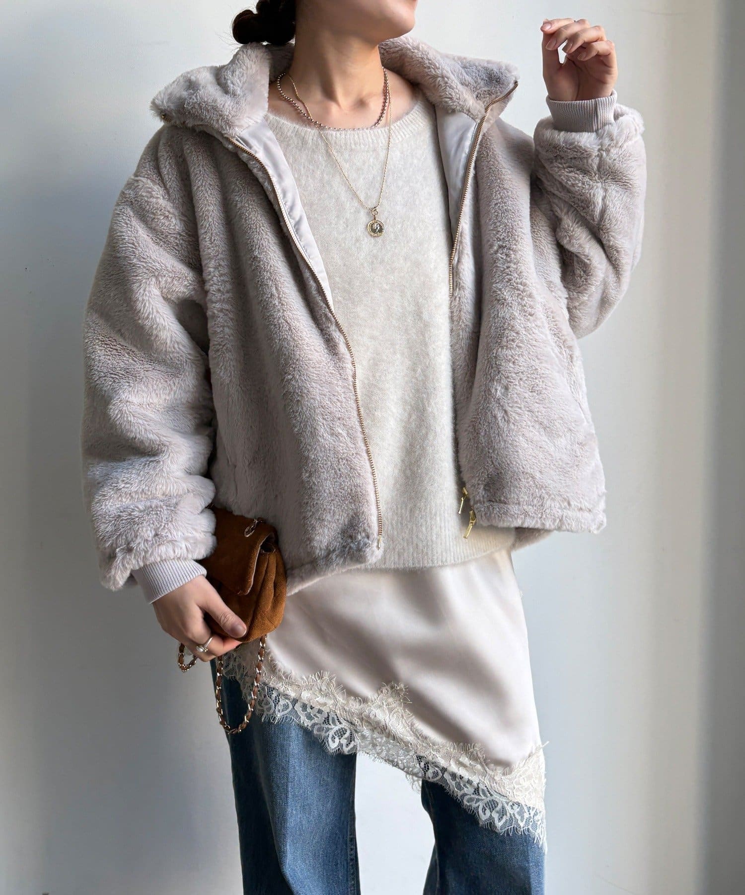 DOUDOU(ドゥドゥ) 【WEB限定】フェイクミンクスタンドファーブルゾン