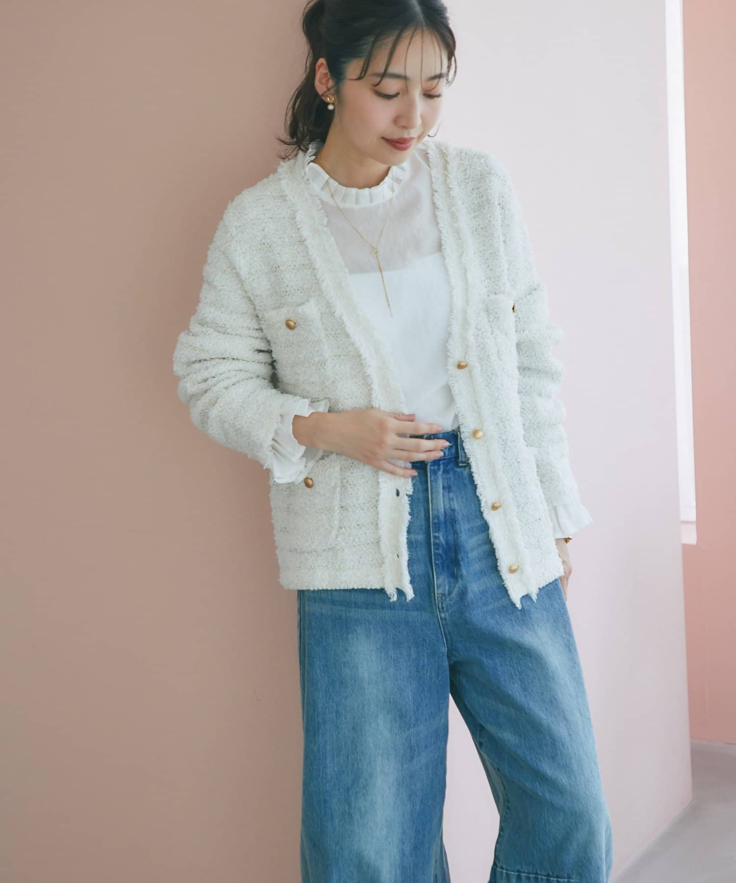 美品 la boutique bonbon ファンシーツイードVネックジャケット 全骨格対応】ファンシーツイードクロップドVネックジャケット